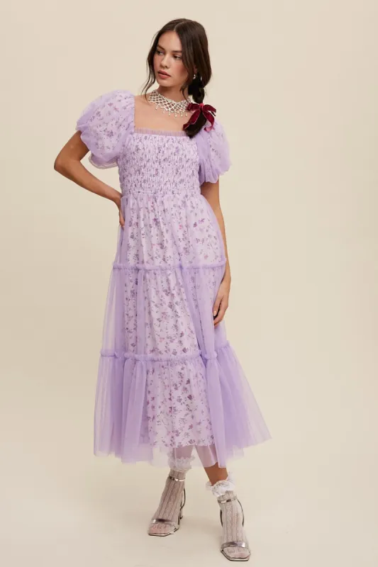 Blue Floral Lined Smocked Tulle Midi Dress sold by Pinkblush