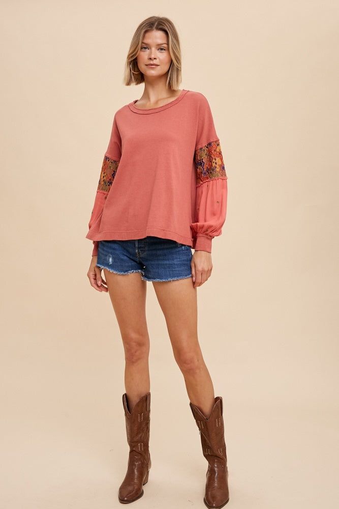Burnt Orange Embroidered Sleeve Long Sleeve Tee sold by Pinkblush product image thumbnail 4