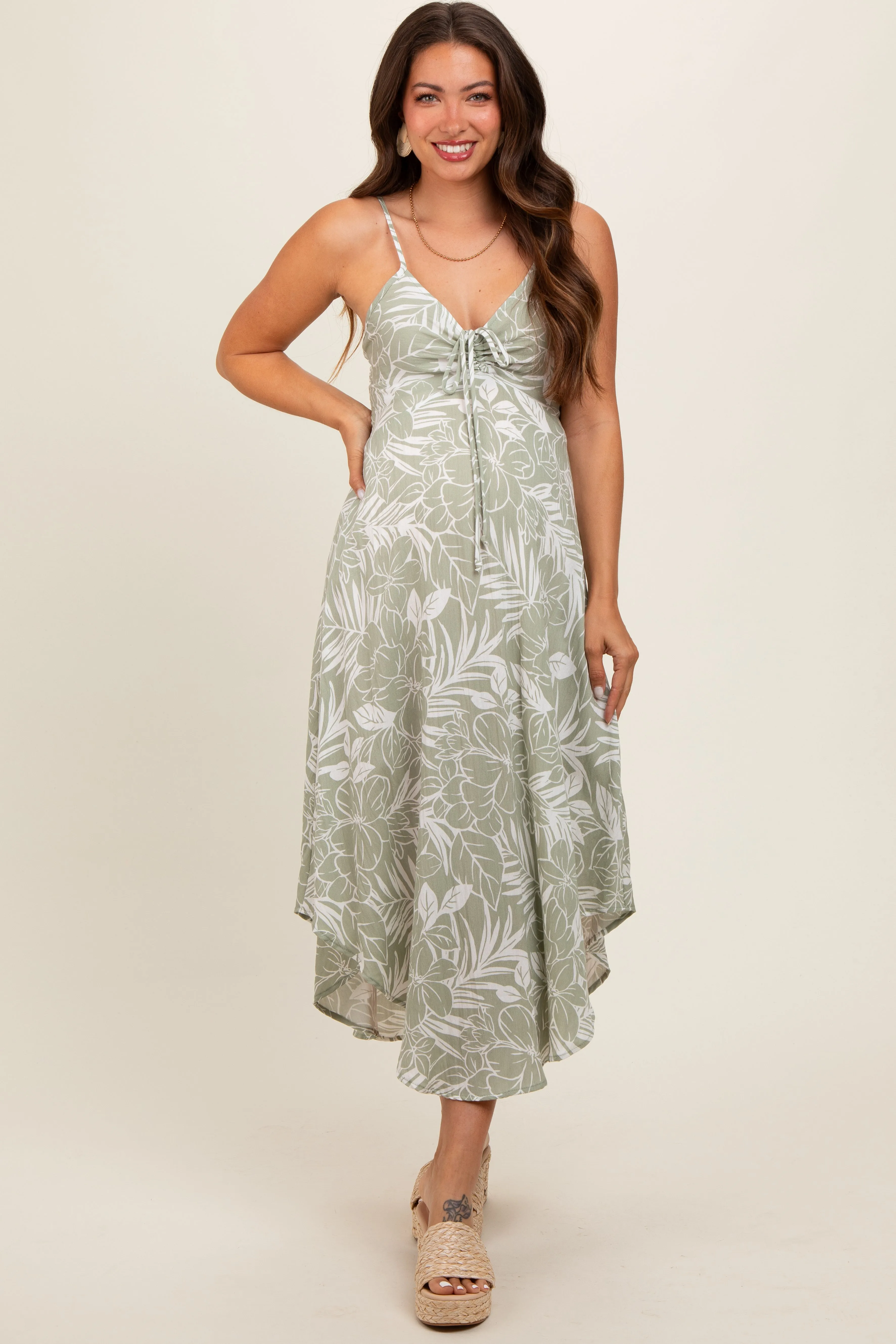 Light Olive Tropical Floral Front Tie Maternity Midi Dress sold by Pinkblush