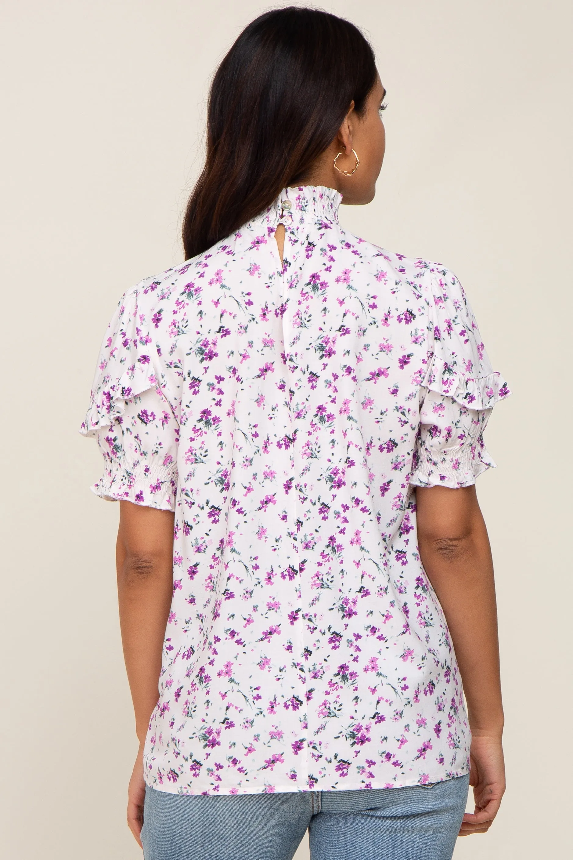 Lavender Floral Ruffle Mock Neck Maternity Blouse sold by Pinkblush product image thumbnail 3