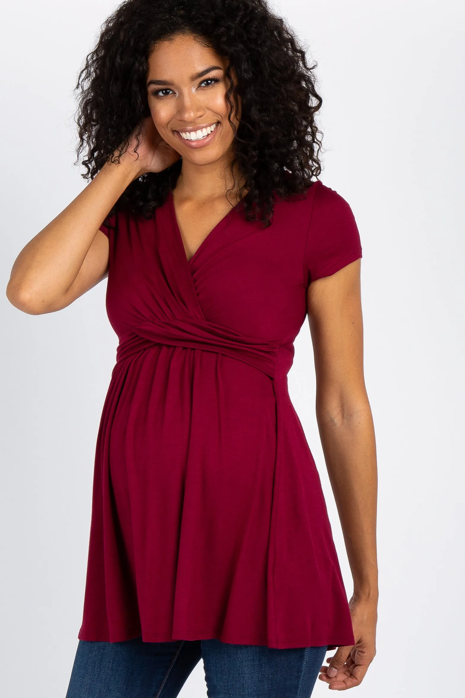 PinkBlush Burgundy Draped Front Maternity/Nursing Top sold by Pinkblush