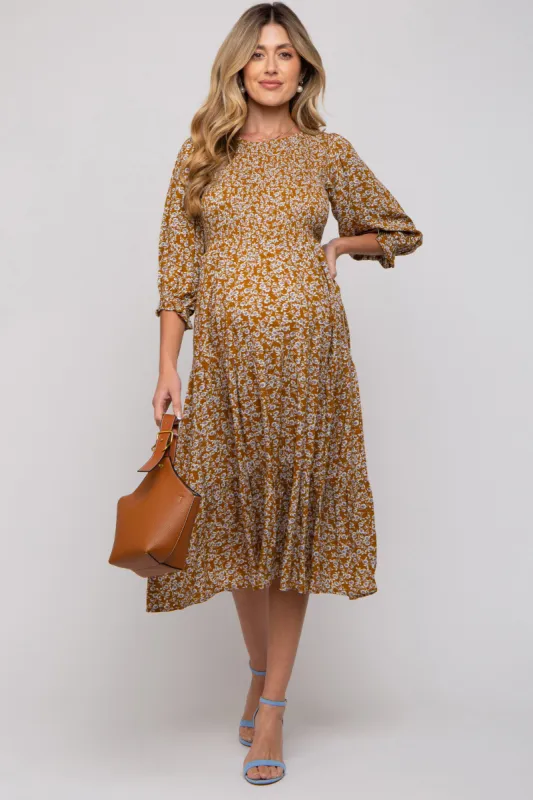 Camel Floral Smocked 3/4 Sleeve Maternity Midi Dress sold by Pinkblush