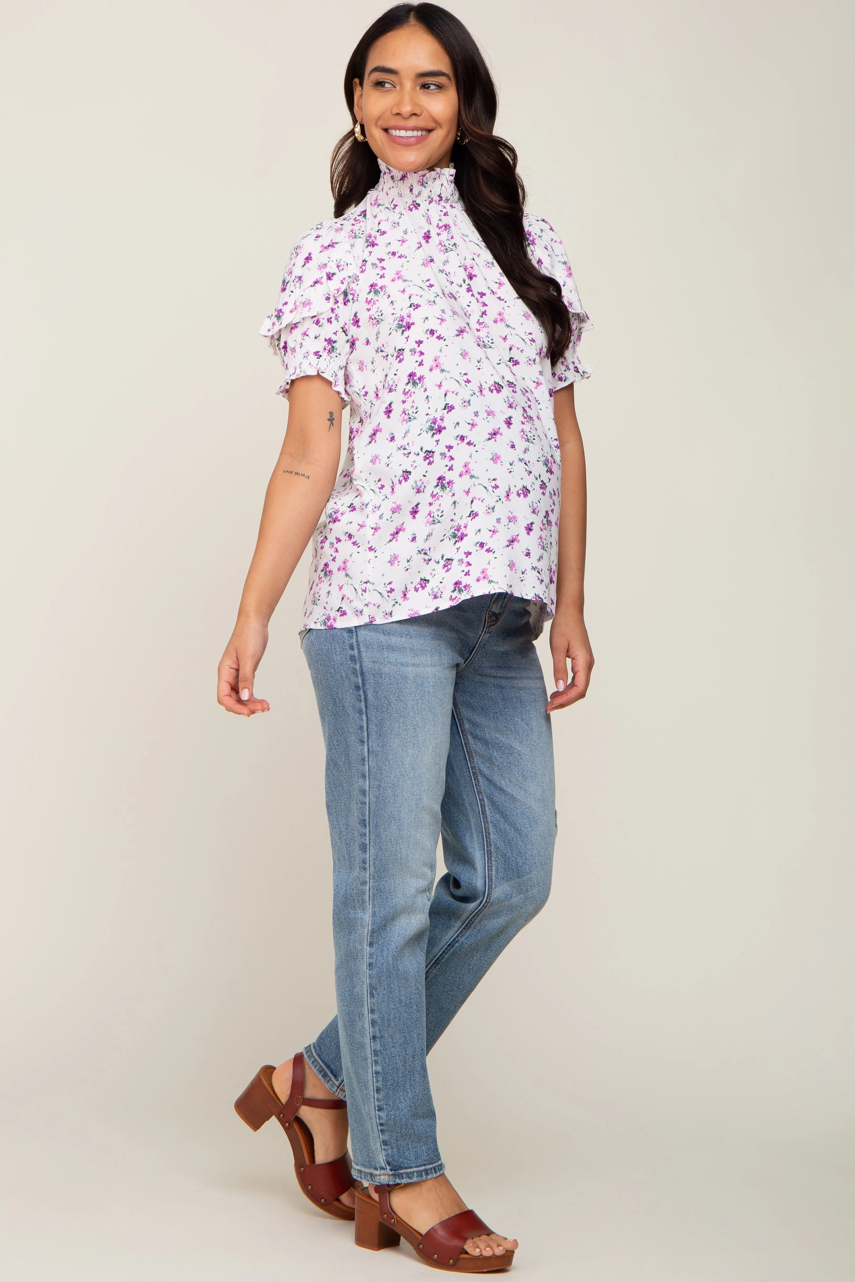 Lavender Floral Ruffle Mock Neck Maternity Blouse sold by Pinkblush product image thumbnail 4