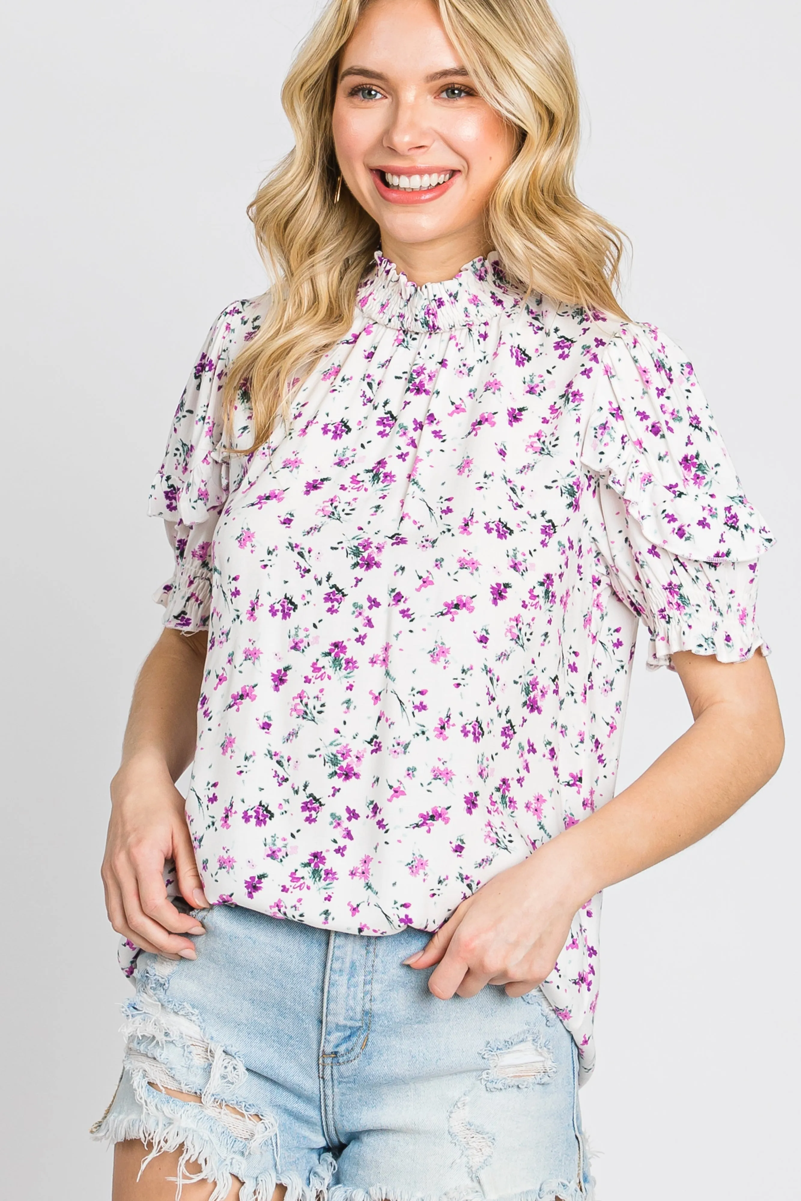 Lavender Floral Ruffle Mock Neck Maternity Blouse sold by Pinkblush product image thumbnail 5