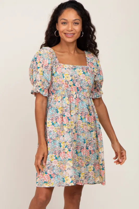 Yellow Floral Square Neck Short Puff Sleeve Dress sold by Pinkblush
