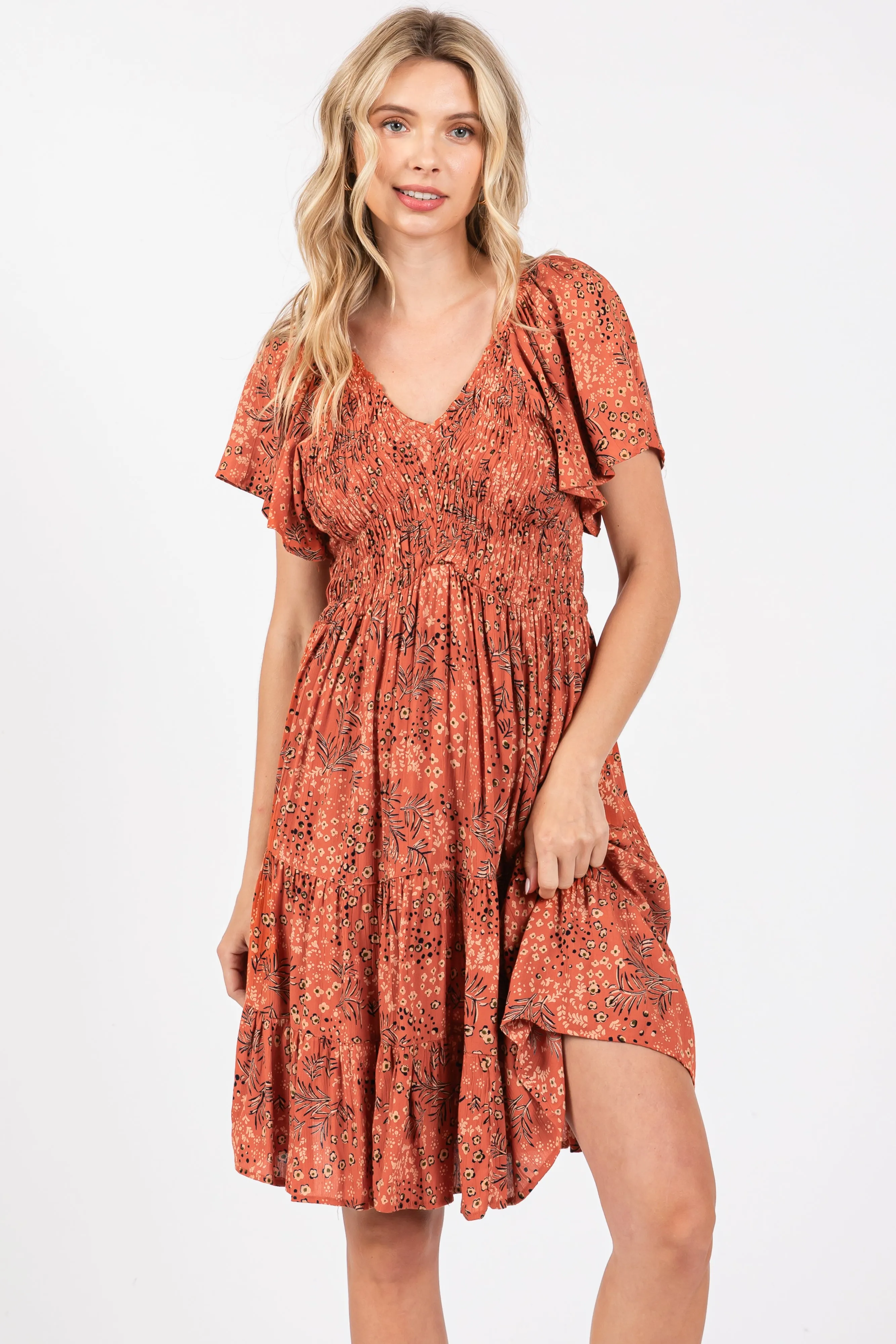 Rust Floral Smocked V-Neck Tiered Dress sold by Pinkblush product image thumbnail 4