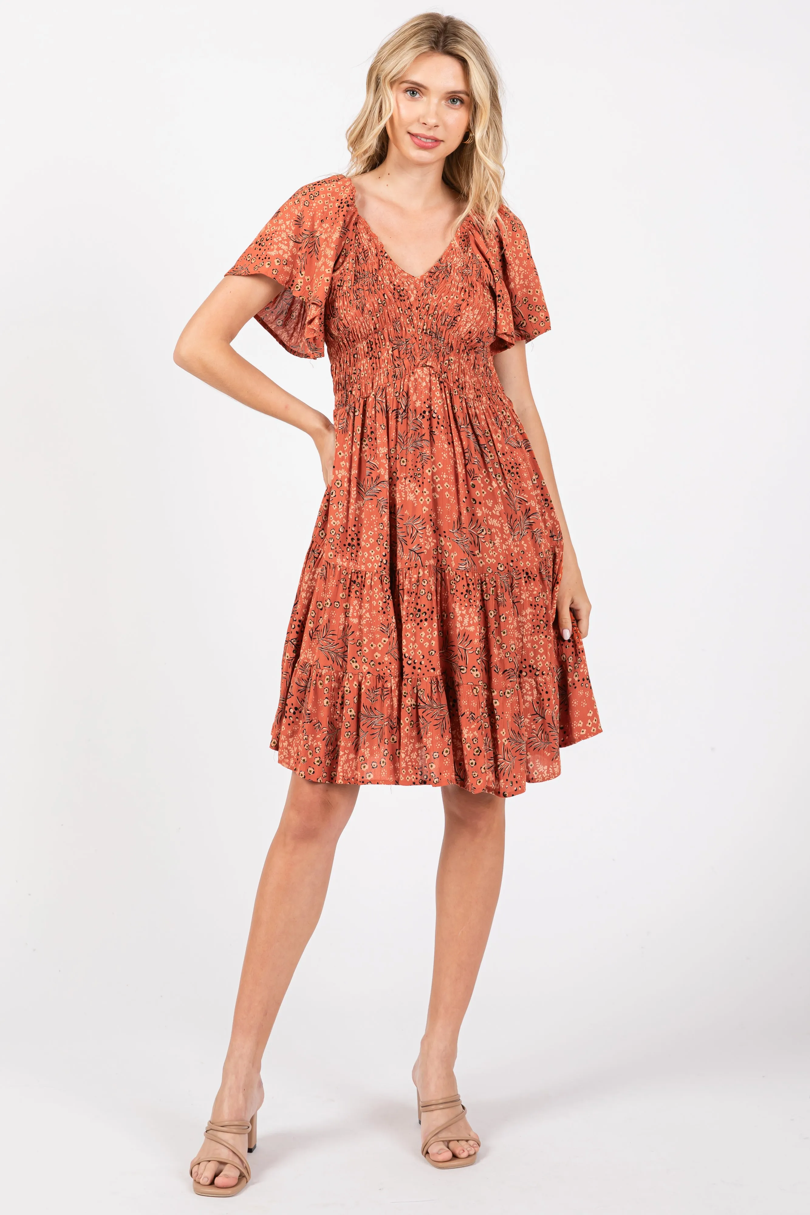 Rust Floral Smocked V-Neck Tiered Dress sold by Pinkblush