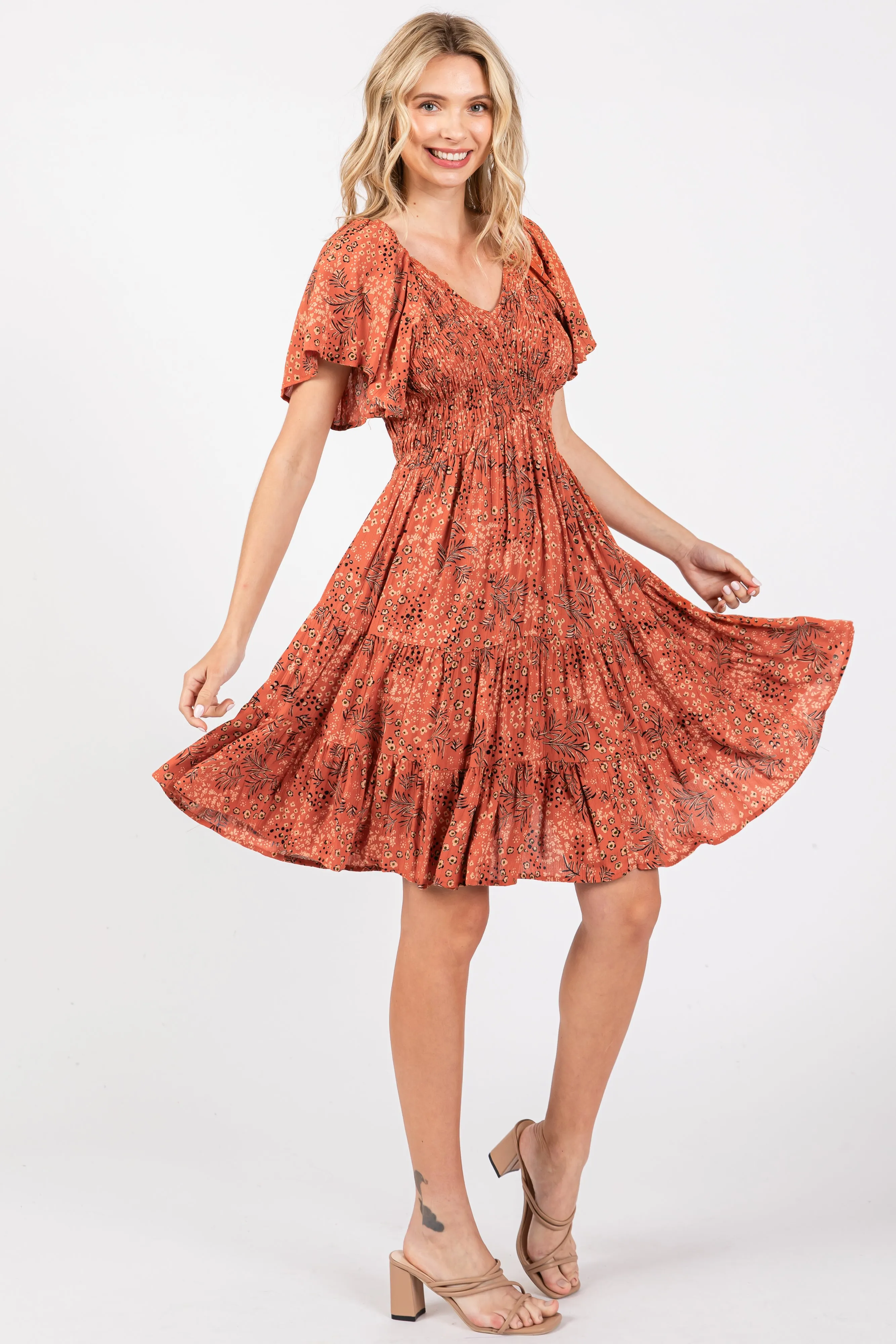 Rust Floral Smocked V-Neck Tiered Dress sold by Pinkblush product image thumbnail 2
