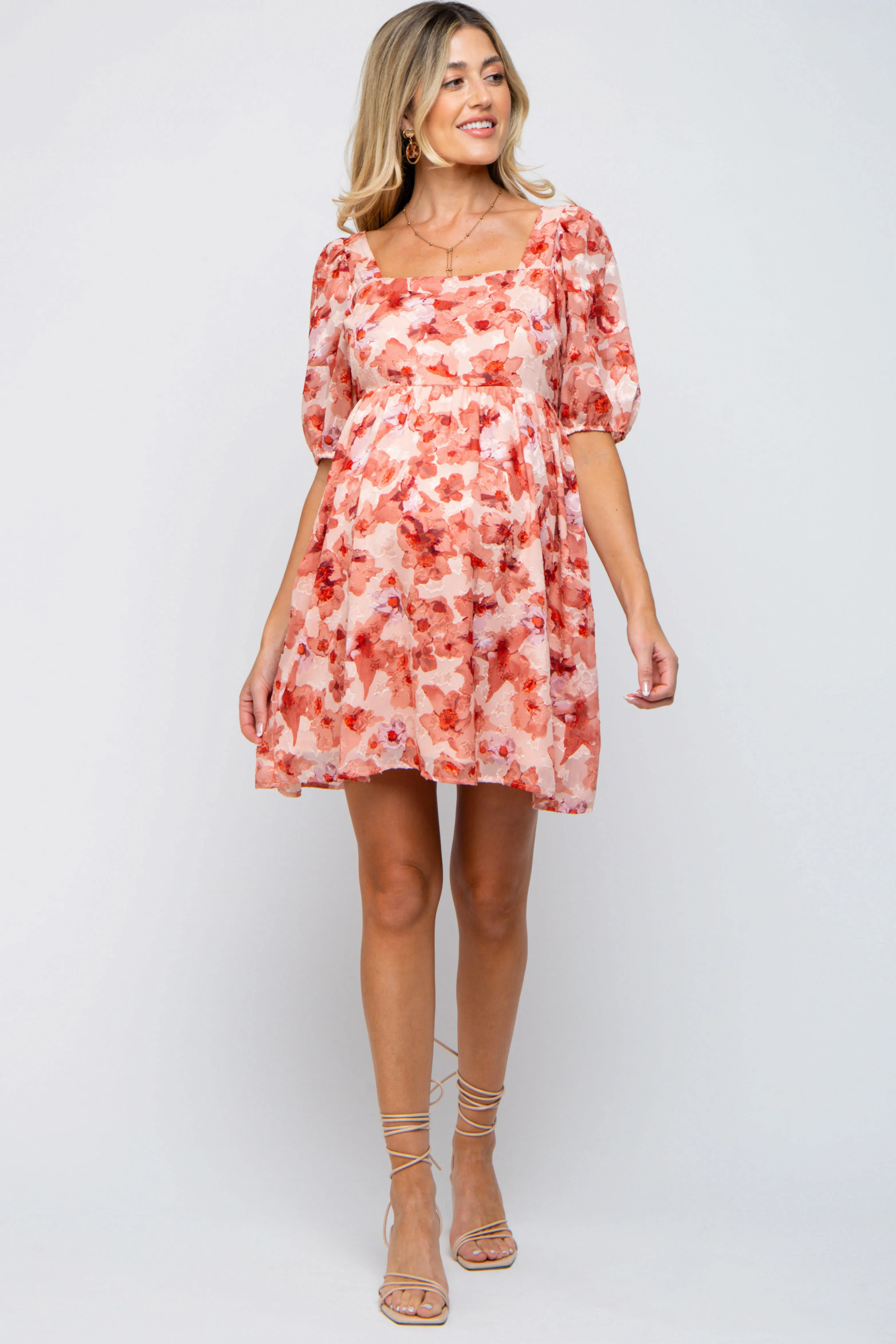 Peach Floral Square Neck Puff Short Sleeve Maternity Dress sold by Pinkblush product image thumbnail 4