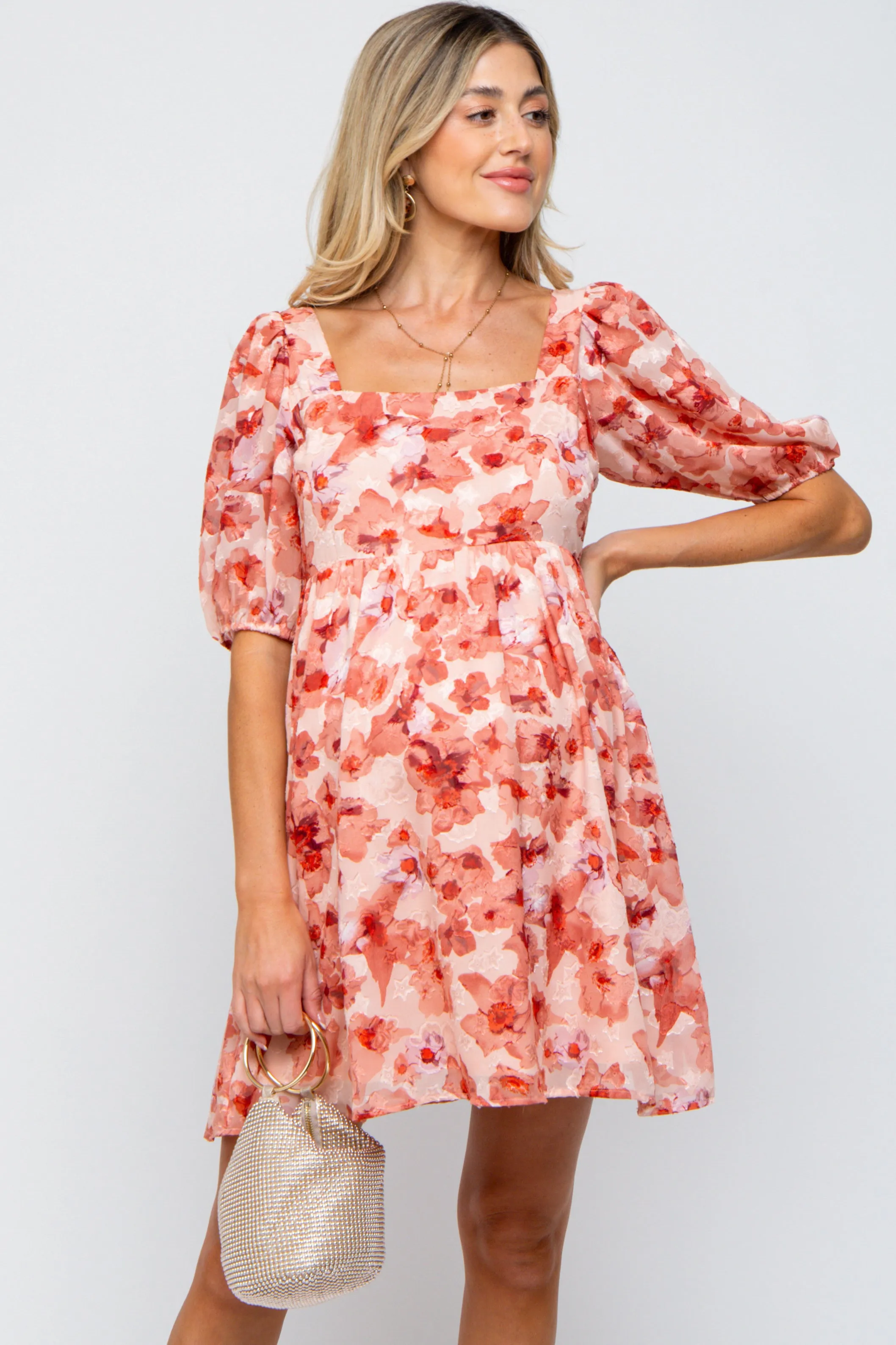 Peach Floral Square Neck Puff Short Sleeve Maternity Dress sold by Pinkblush