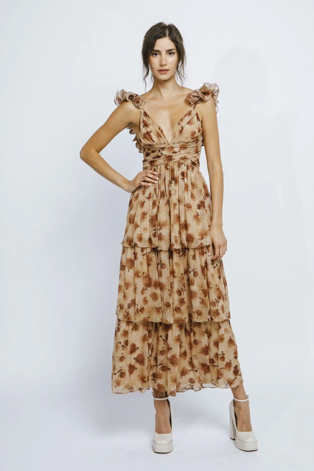 Brown Floral Rose Ruffled Maxi Dress sold by Pinkblush