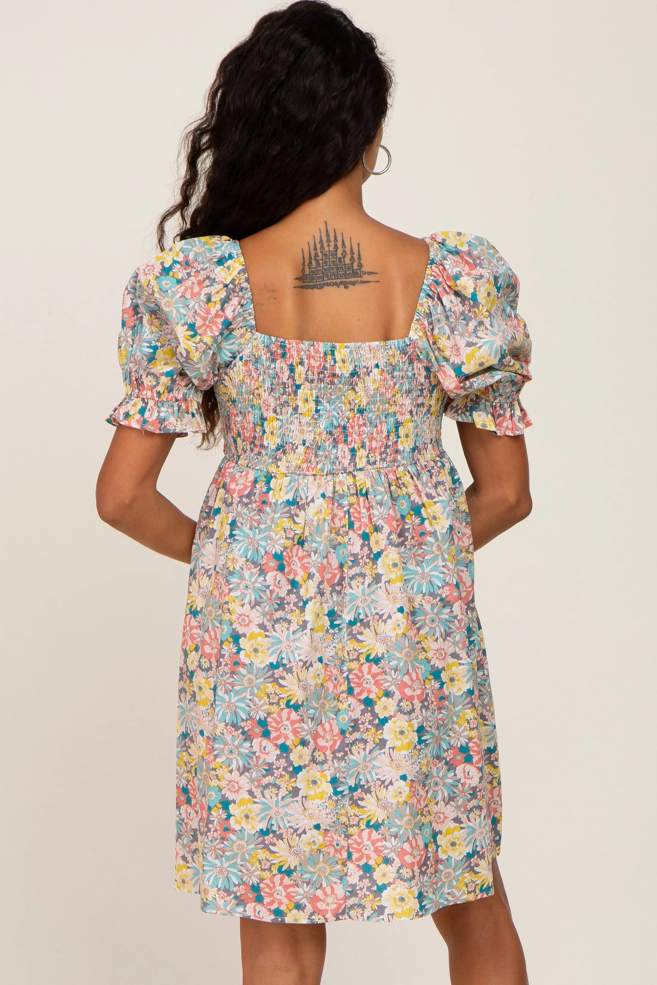 Yellow Floral Square Neck Short Puff Sleeve Dress sold by Pinkblush product image thumbnail 3