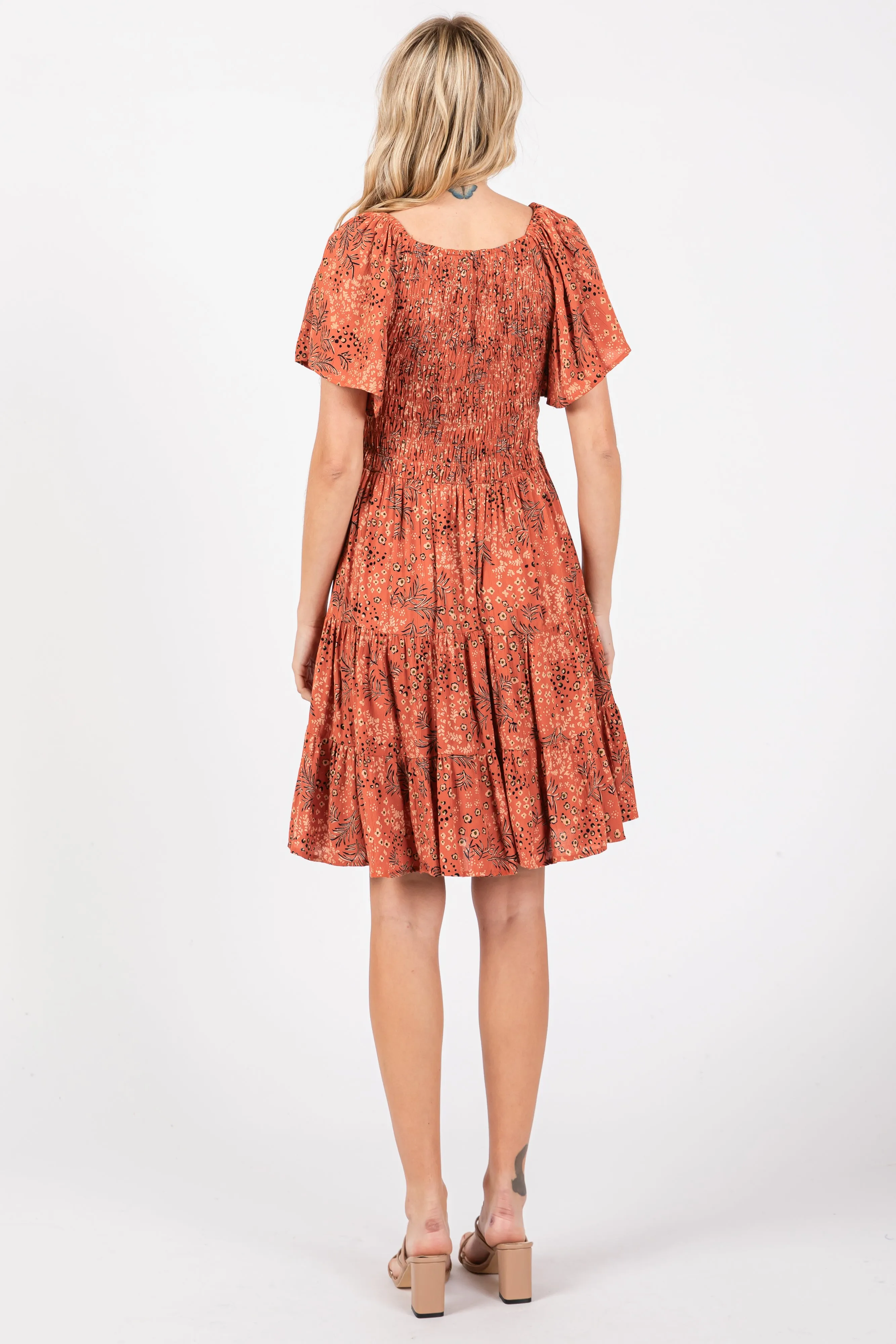 Rust Floral Smocked V-Neck Tiered Dress sold by Pinkblush product image thumbnail 3