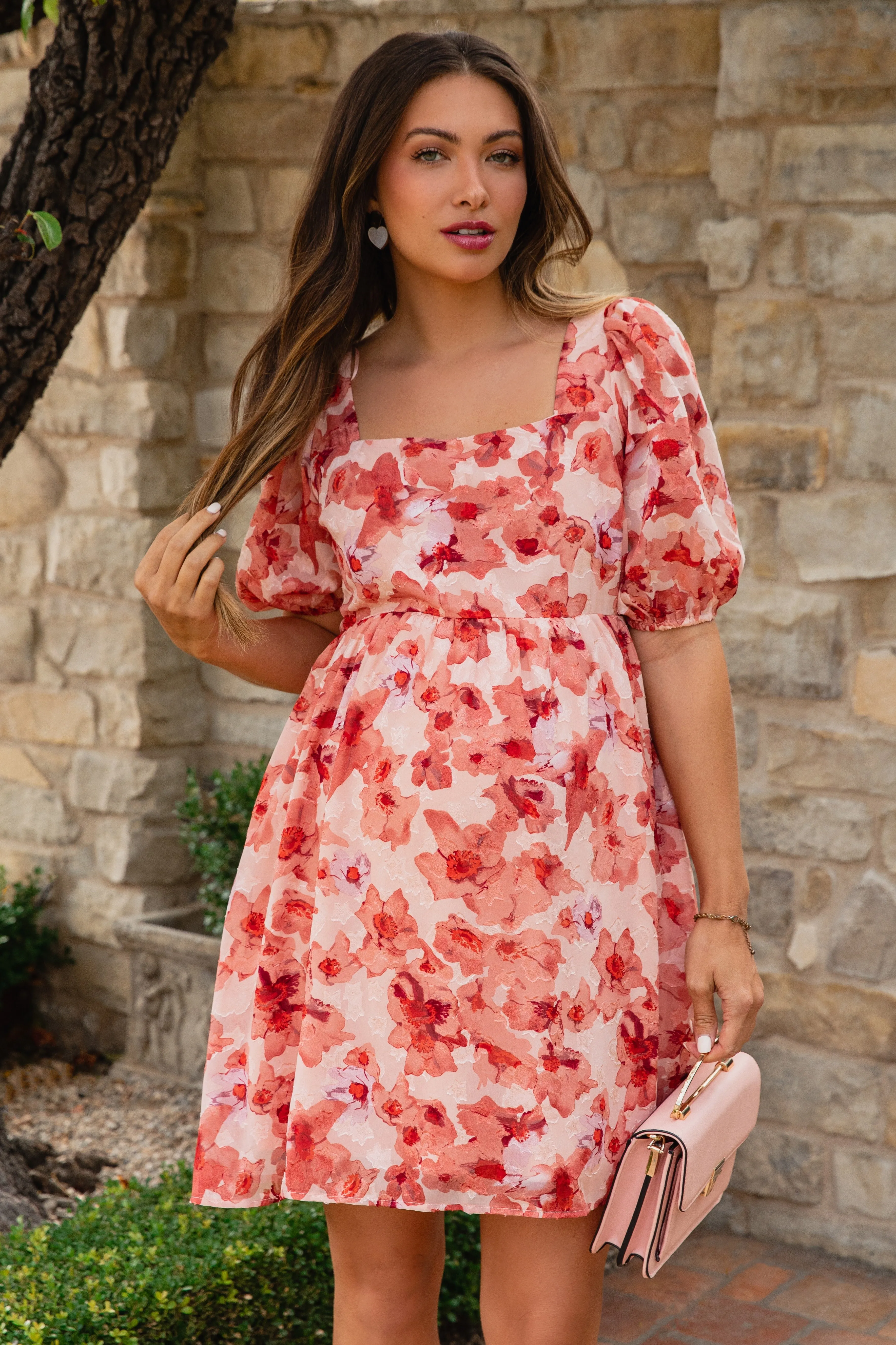 Peach Floral Square Neck Puff Short Sleeve Maternity Dress sold by Pinkblush product image thumbnail 5