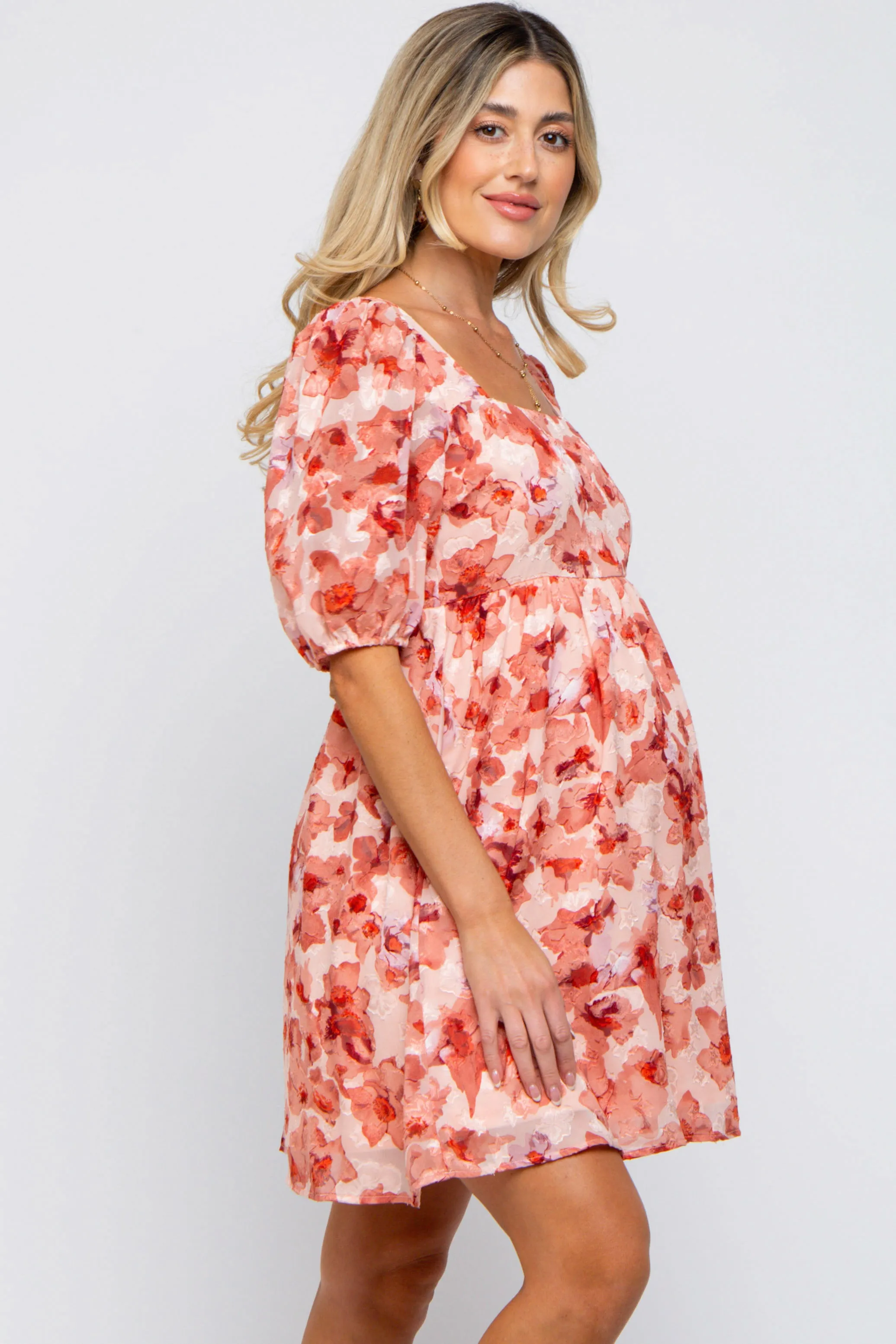 Peach Floral Square Neck Puff Short Sleeve Maternity Dress sold by Pinkblush product image thumbnail 2