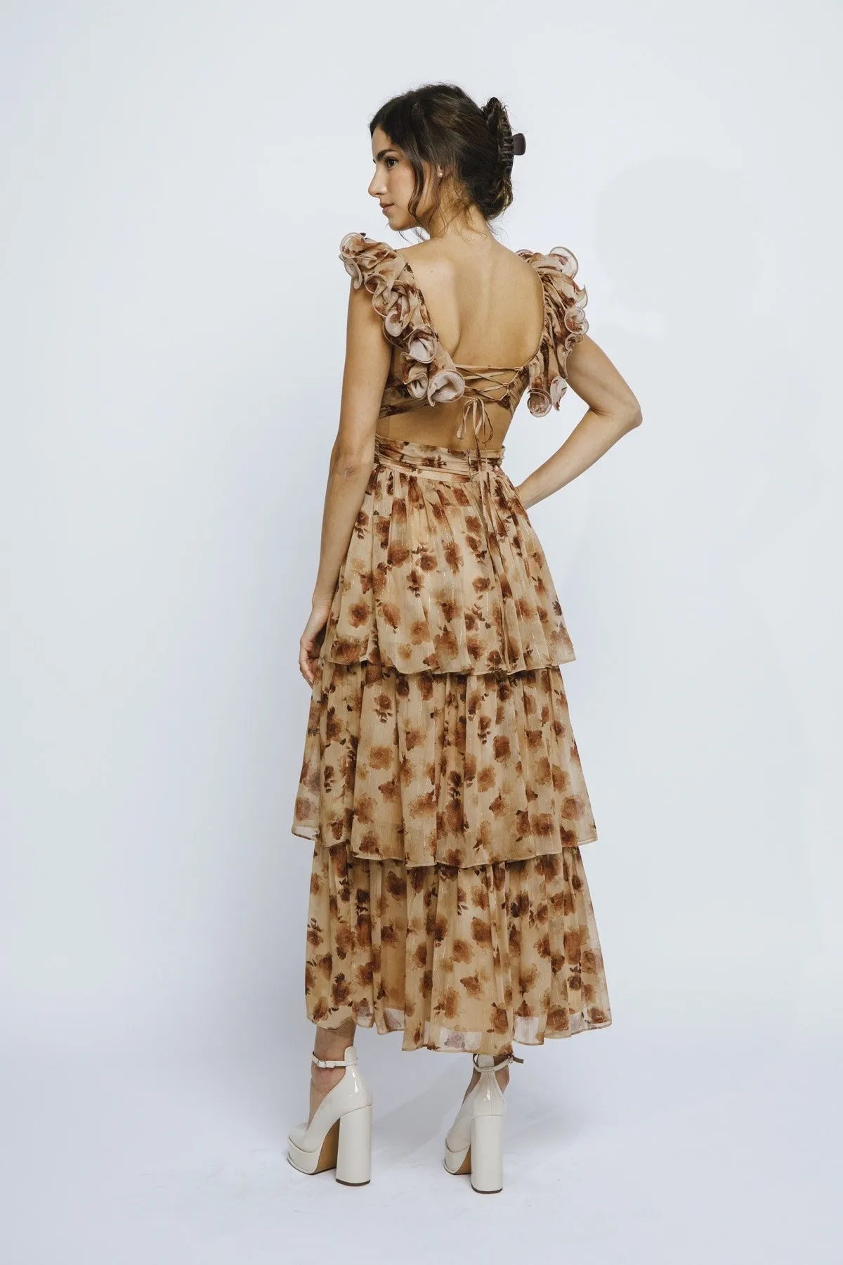 Brown Floral Rose Ruffled Maxi Dress sold by Pinkblush product image thumbnail 5