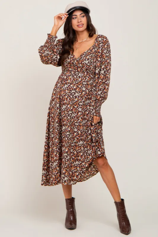 Brown Floral Maternity Midi Dress sold by Pinkblush