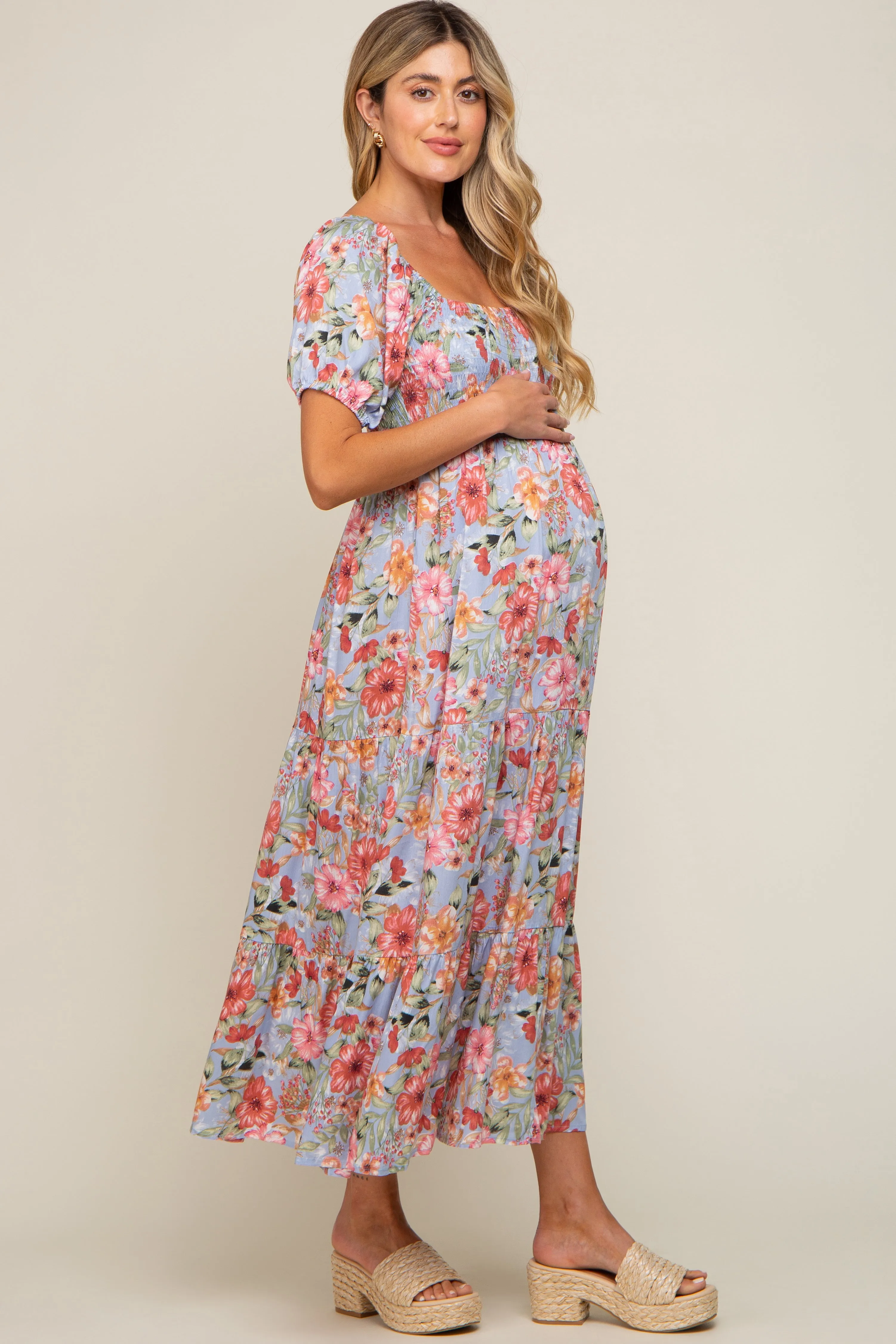 Blue Floral Smocked Square Neck Tiered Maternity Maxi Dress sold by Pinkblush product image thumbnail 3