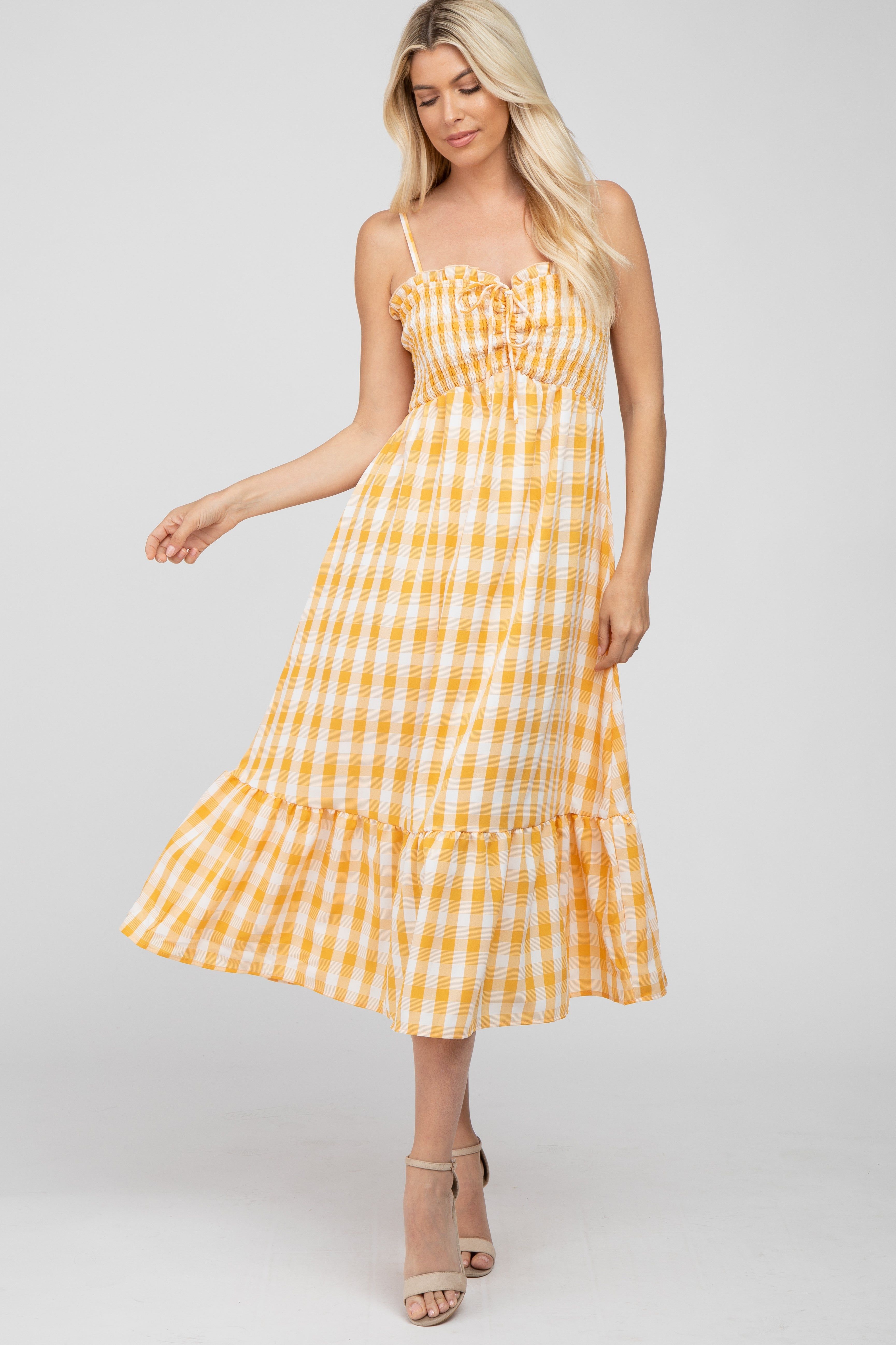 Yellow Plaid Smocked Midi Dress sold by Pinkblush