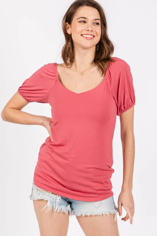 Magenta Short Puff Sleeve V-Neck Top sold by Pinkblush