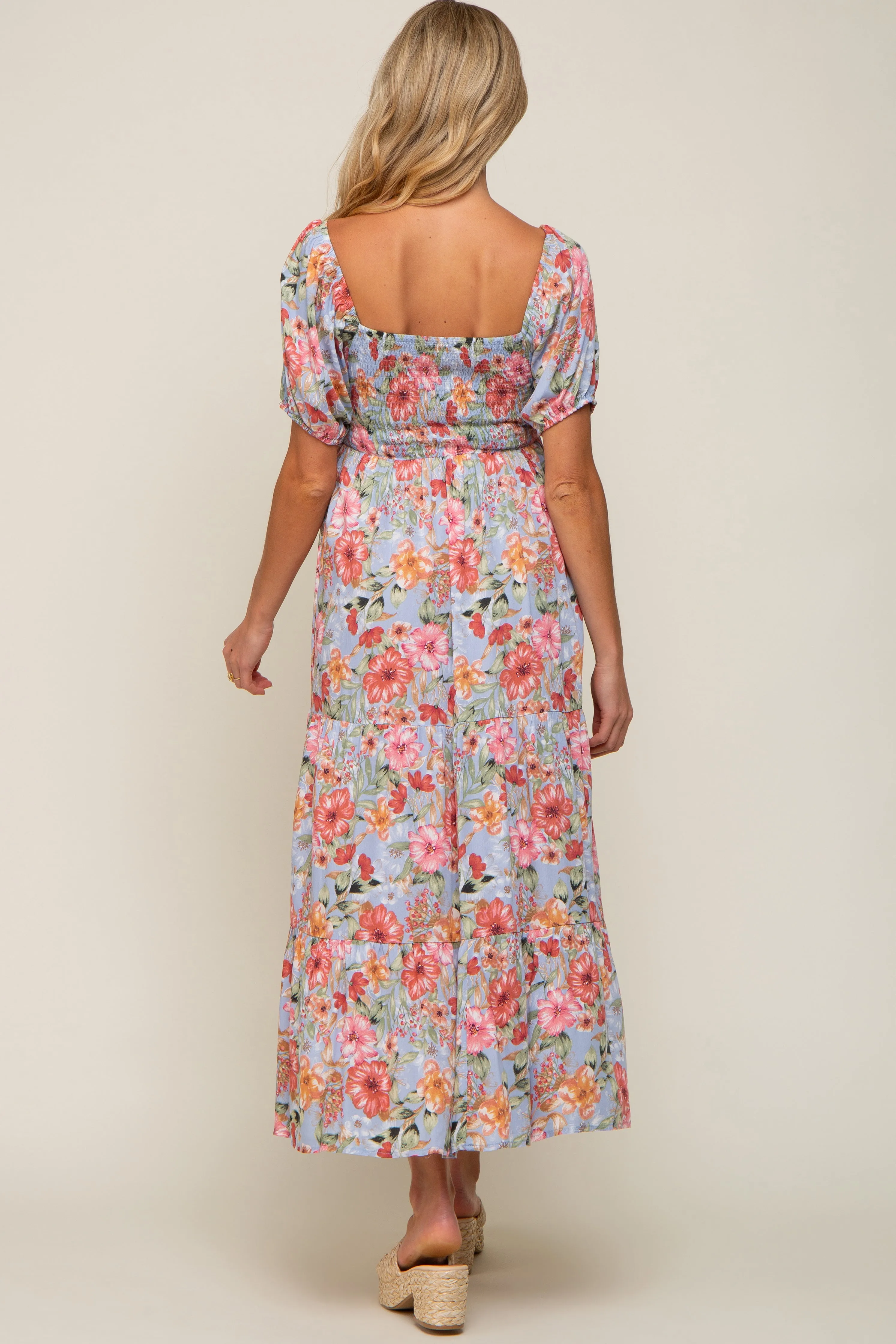 Blue Floral Smocked Square Neck Tiered Maternity Maxi Dress sold by Pinkblush product image thumbnail 4
