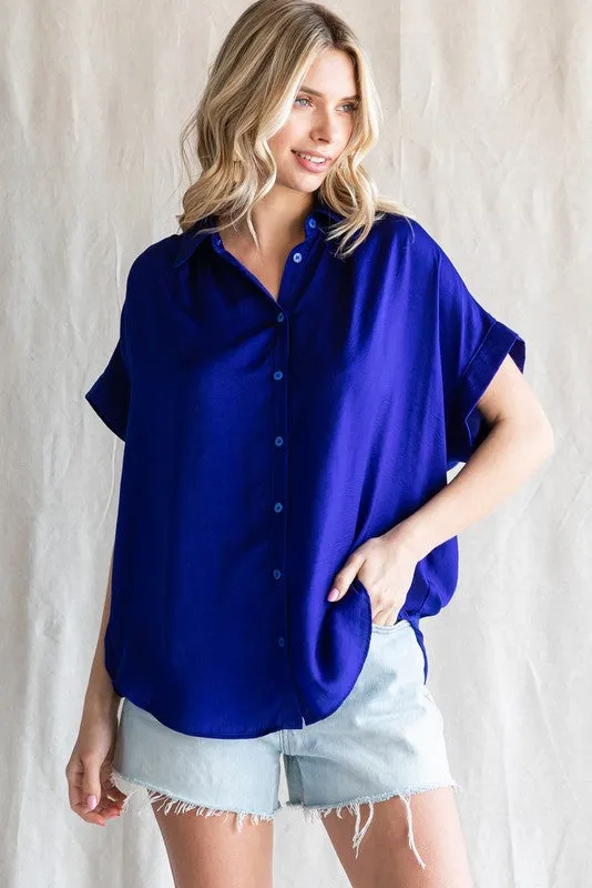 Royal Satin Button Front Collared Short Sleeve Top sold by Pinkblush