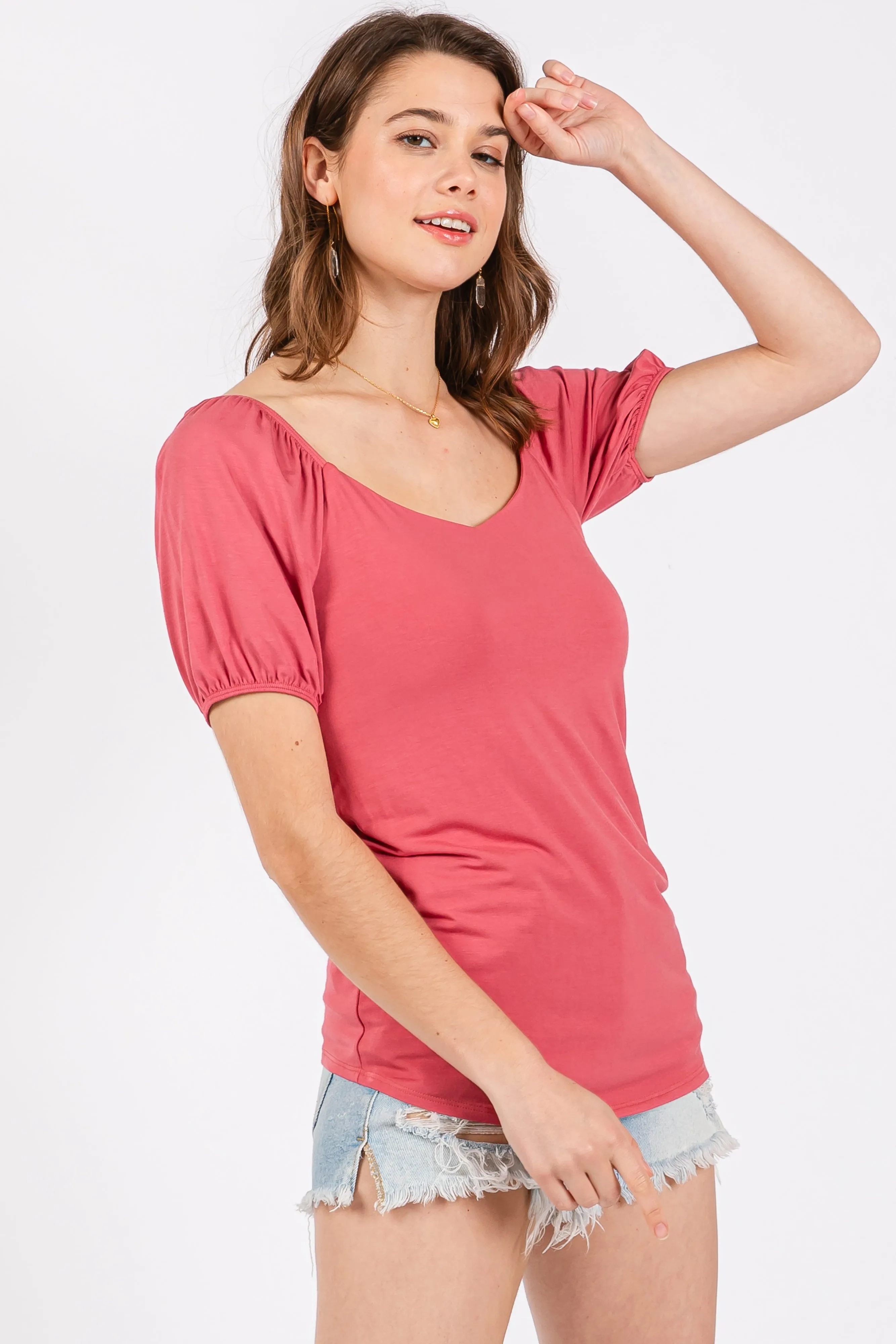 Magenta Short Puff Sleeve V-Neck Top sold by Pinkblush product image thumbnail 2