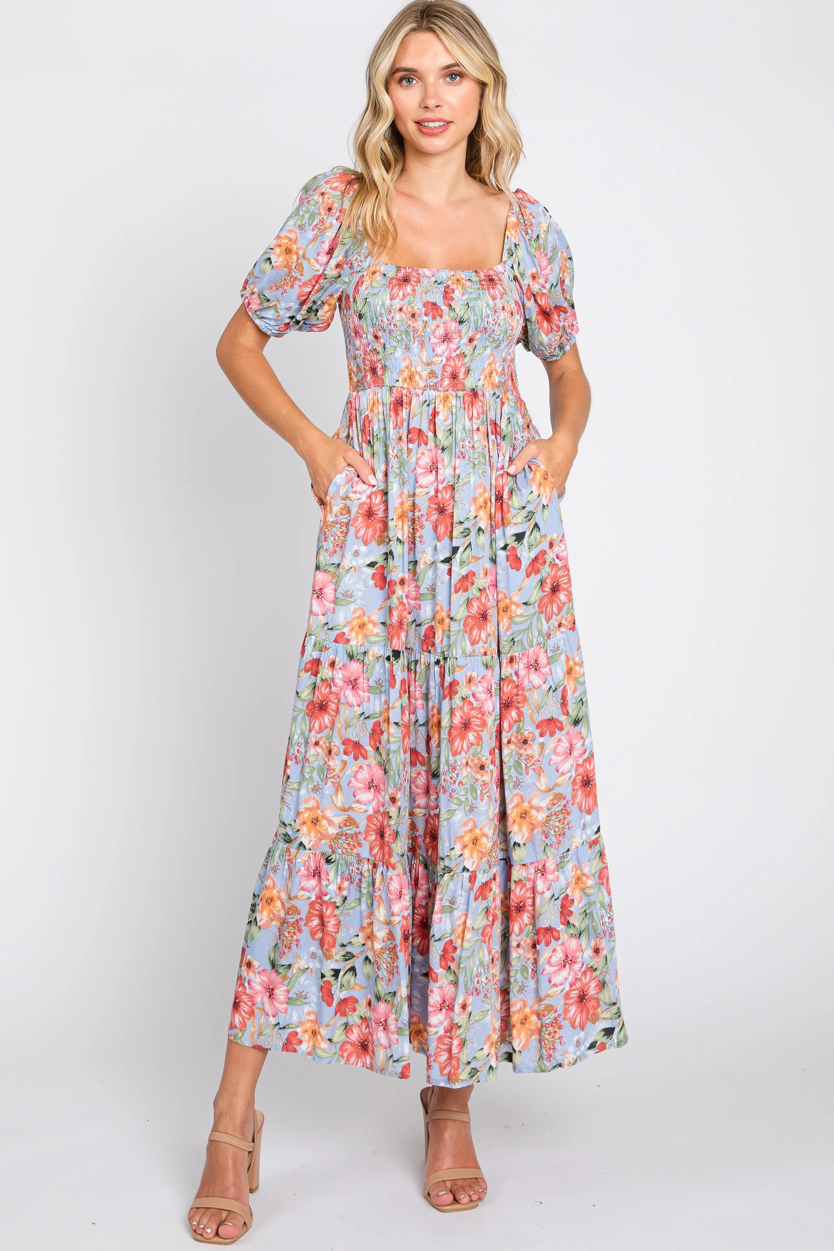 Blue Floral Smocked Square Neck Tiered Maternity Maxi Dress sold by Pinkblush product image thumbnail 5