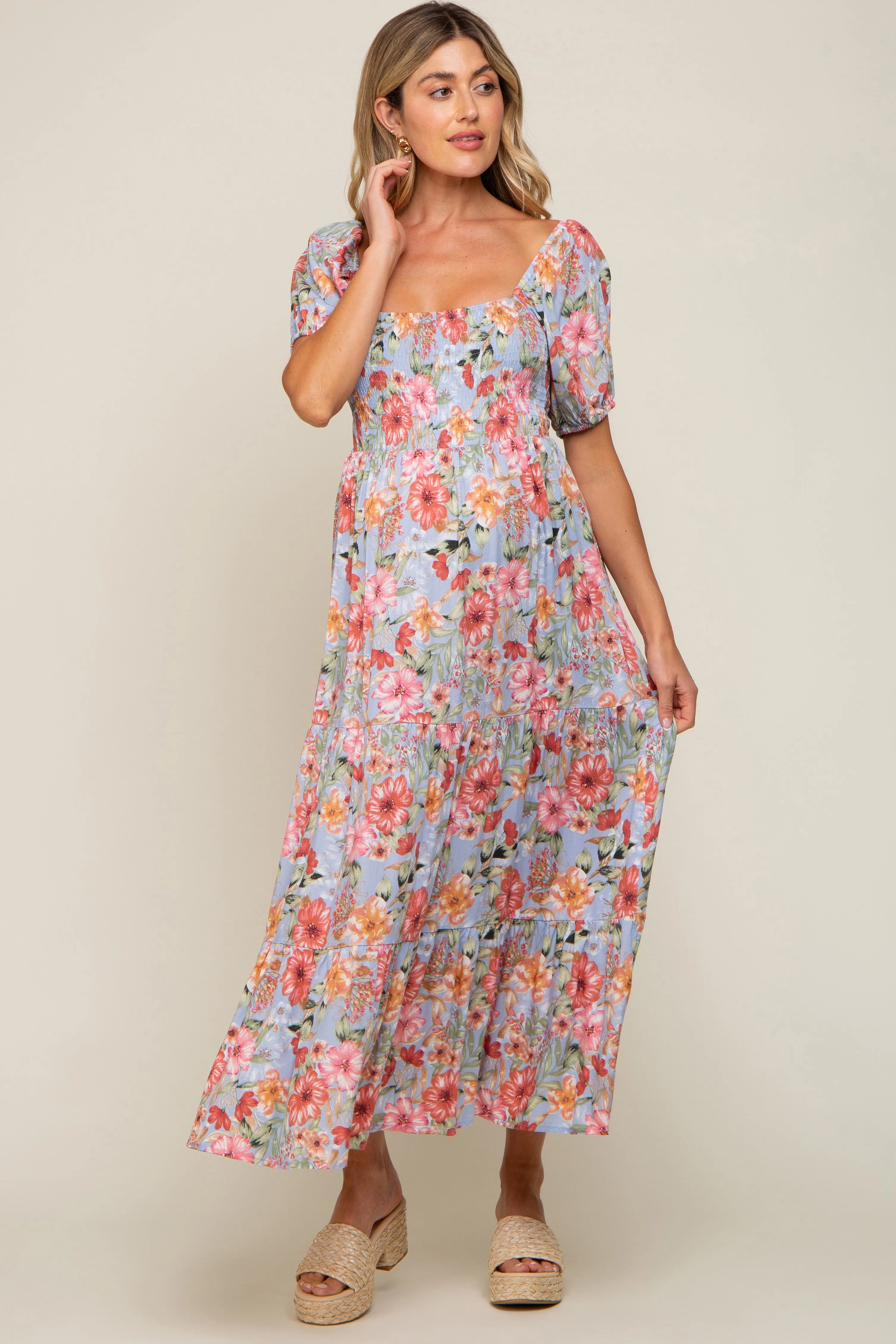 Blue Floral Smocked Square Neck Tiered Maternity Maxi Dress sold by Pinkblush product image thumbnail 2