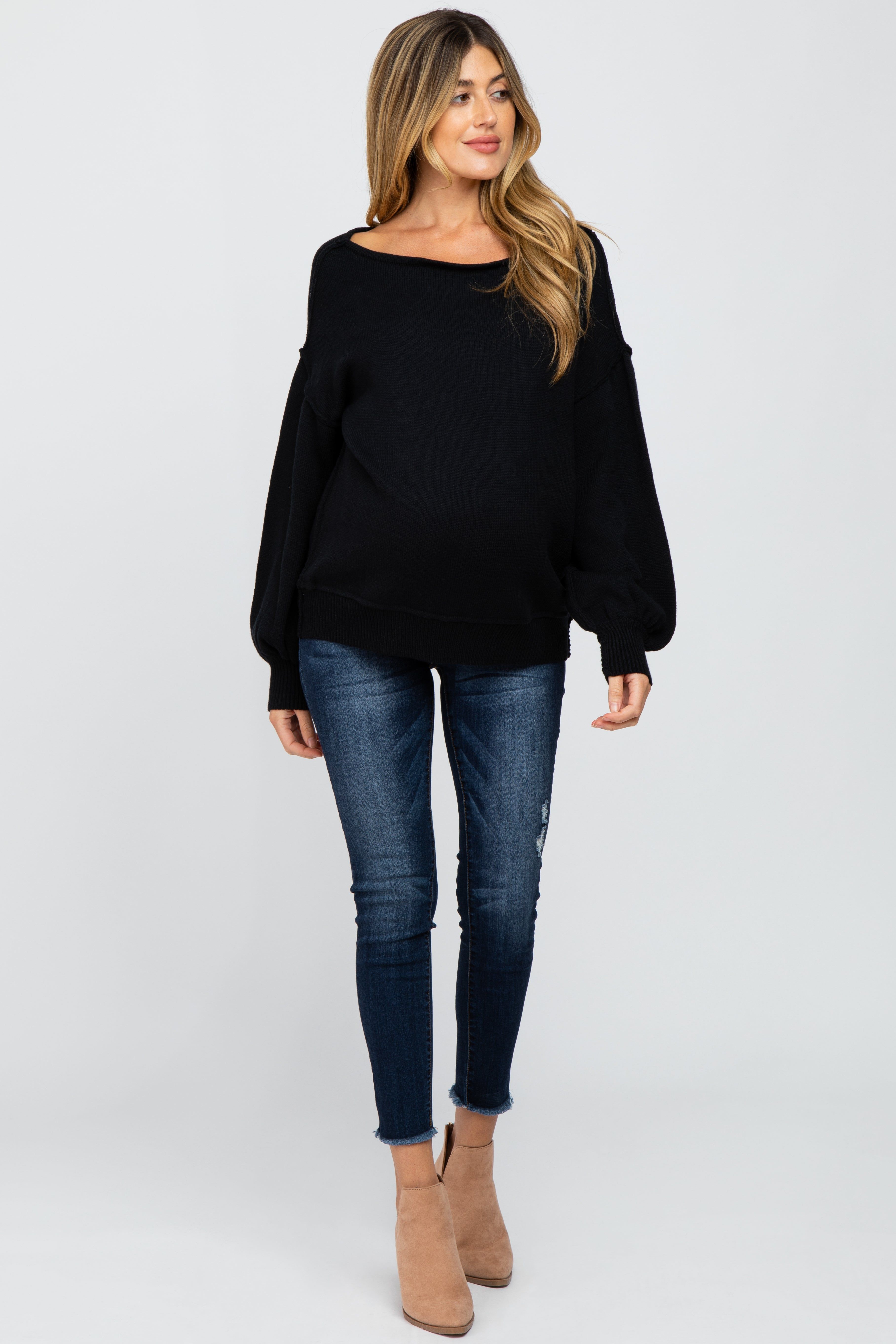 Black Boat Neck Bubble Sleeve Maternity Sweater sold by Pinkblush product image thumbnail 4