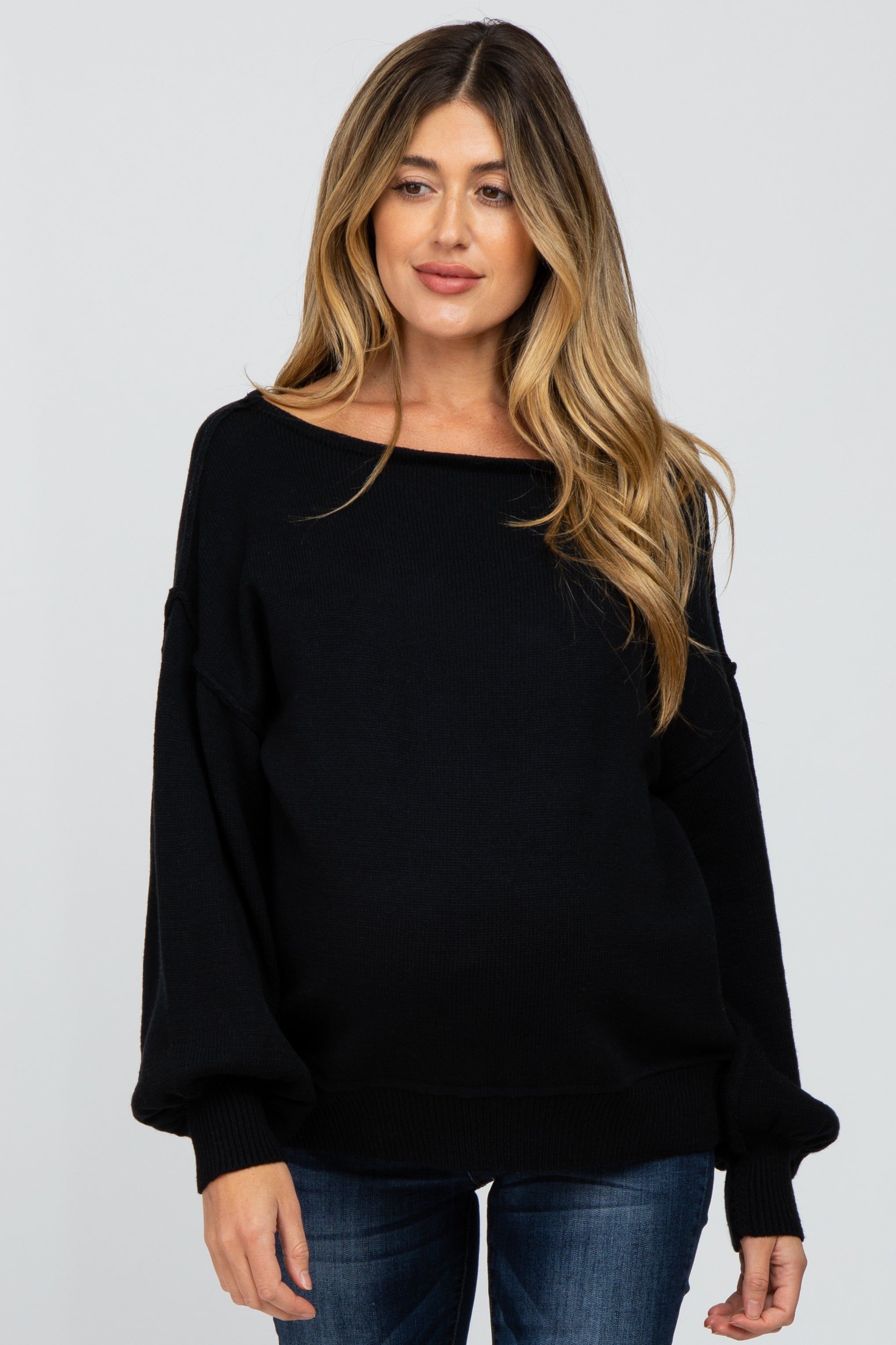 Black Boat Neck Bubble Sleeve Maternity Sweater sold by Pinkblush