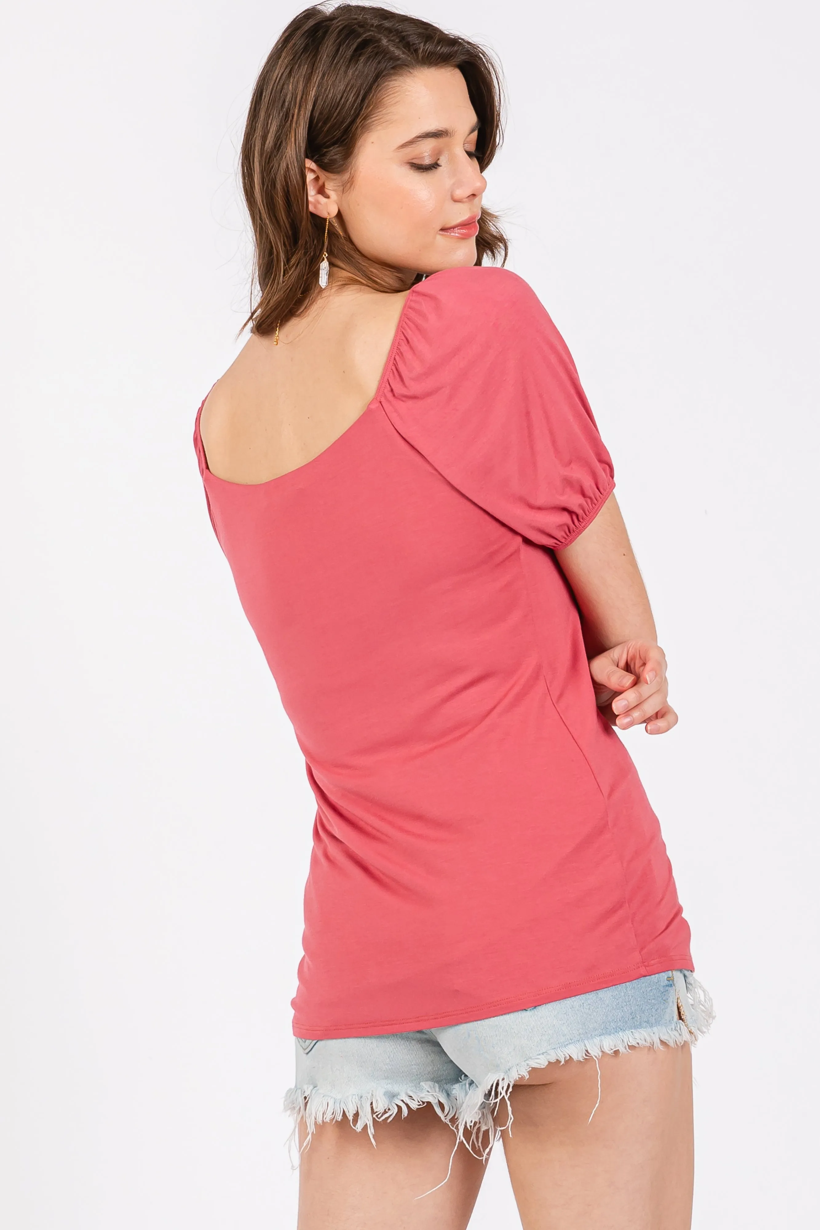 Magenta Short Puff Sleeve V-Neck Top sold by Pinkblush product image thumbnail 3