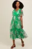 Green Leaf Print Mesh Smocked Midi Dress sold by Pinkblush