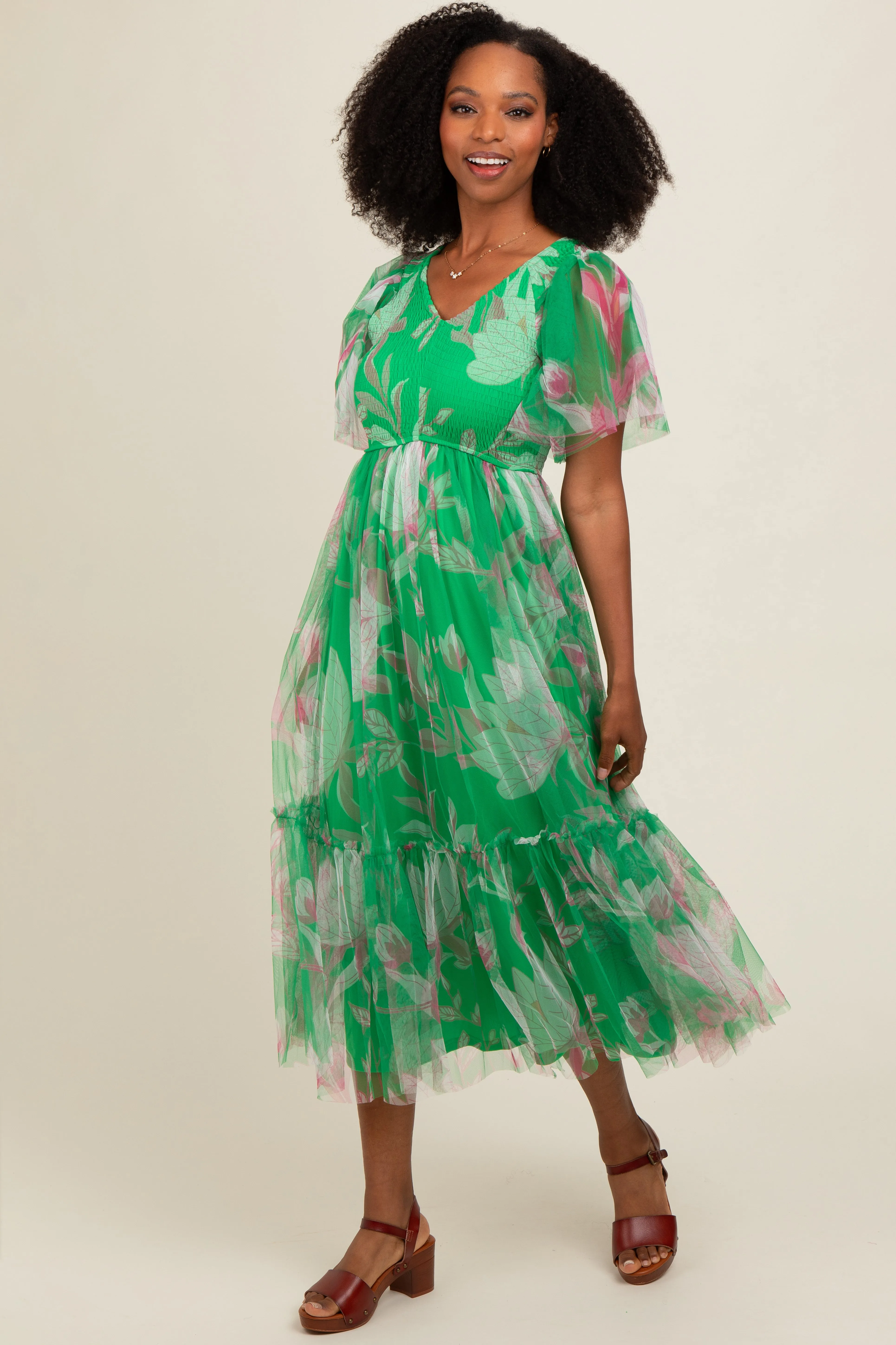 Green Leaf Print Mesh Smocked Midi Dress sold by Pinkblush product image thumbnail 2