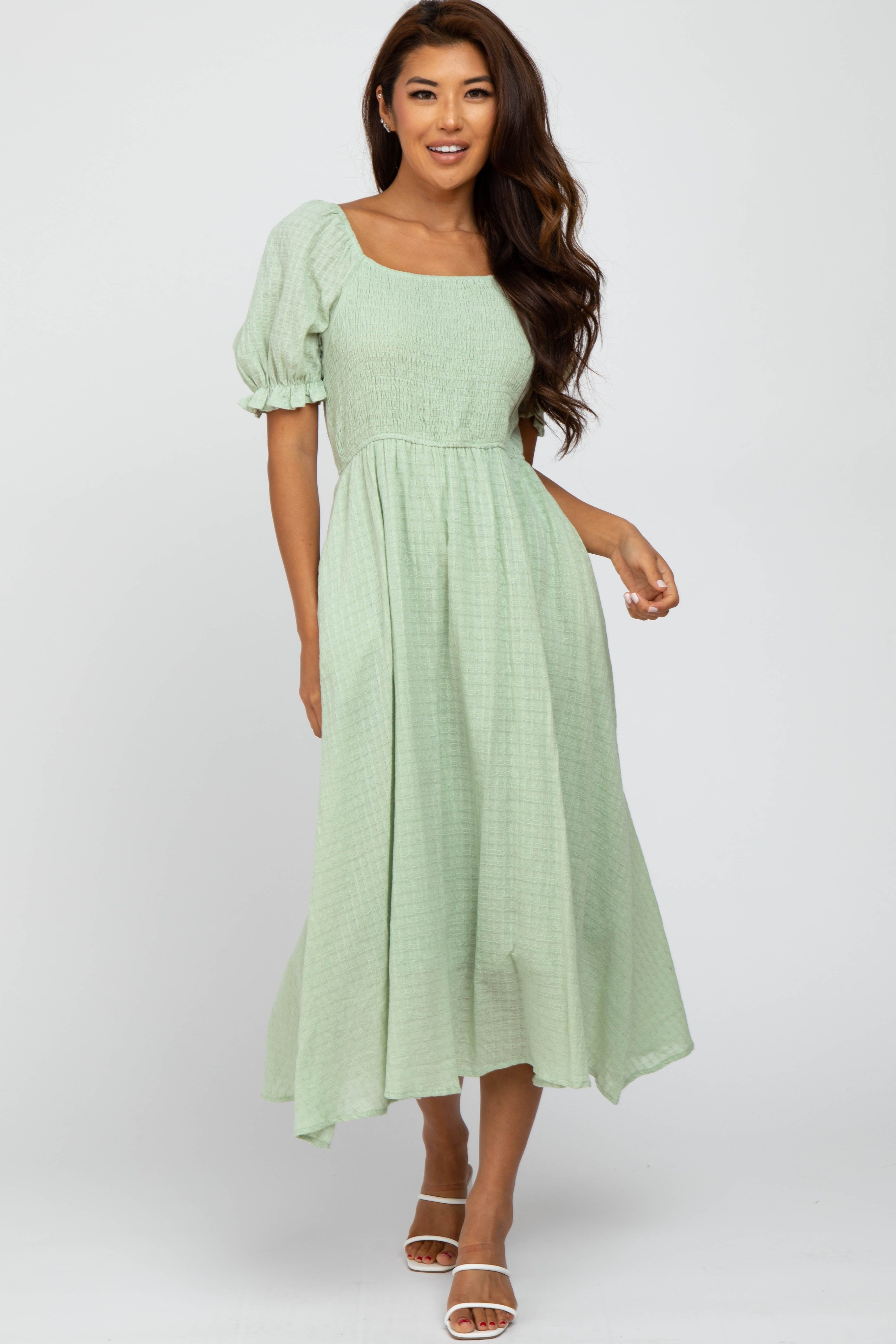 Mint Smocked Puff Sleeve Midi Dress sold by Pinkblush