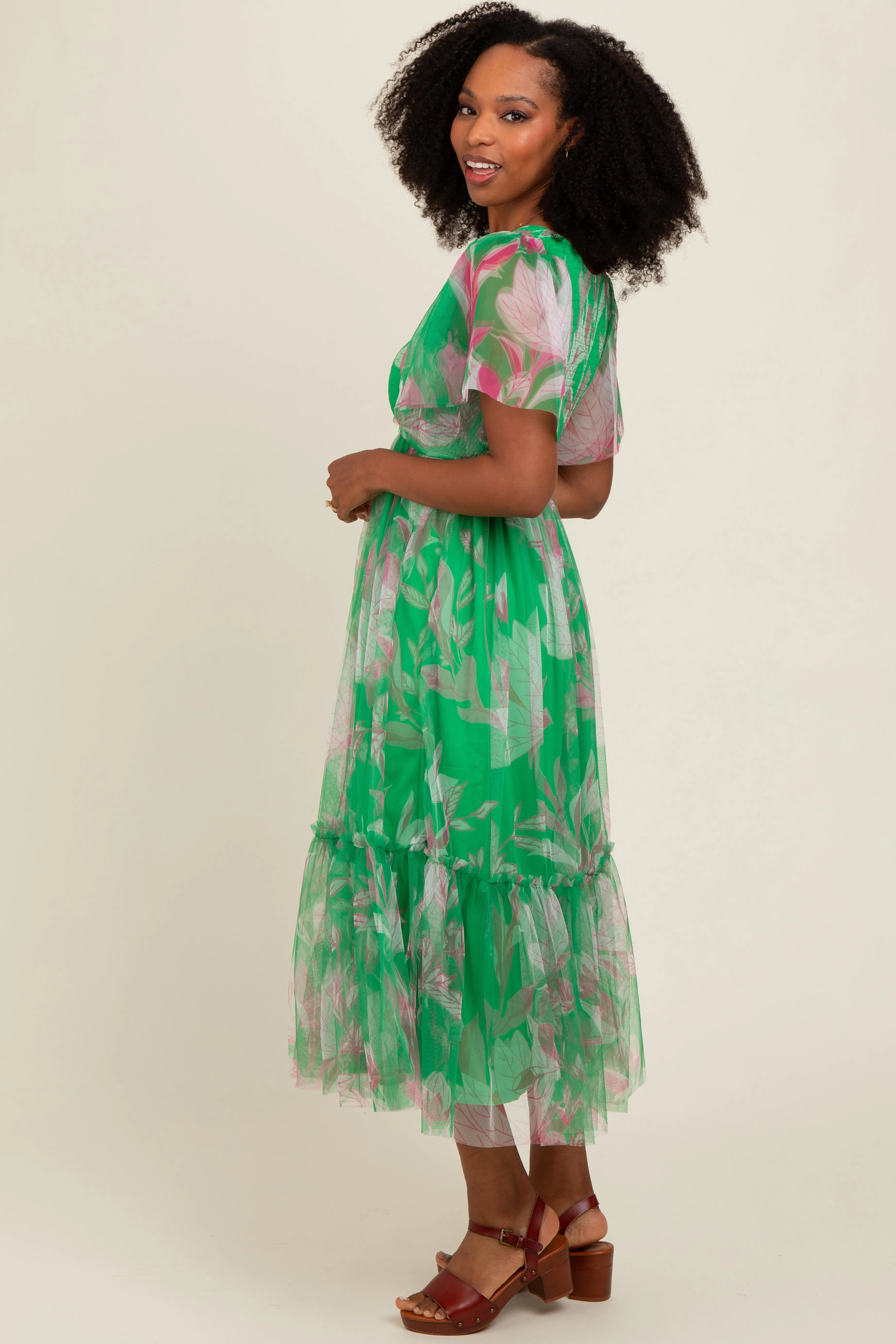 Green Leaf Print Mesh Smocked Midi Dress sold by Pinkblush product image thumbnail 3