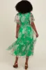 Green Leaf Print Mesh Smocked Midi Dress sold by Pinkblush