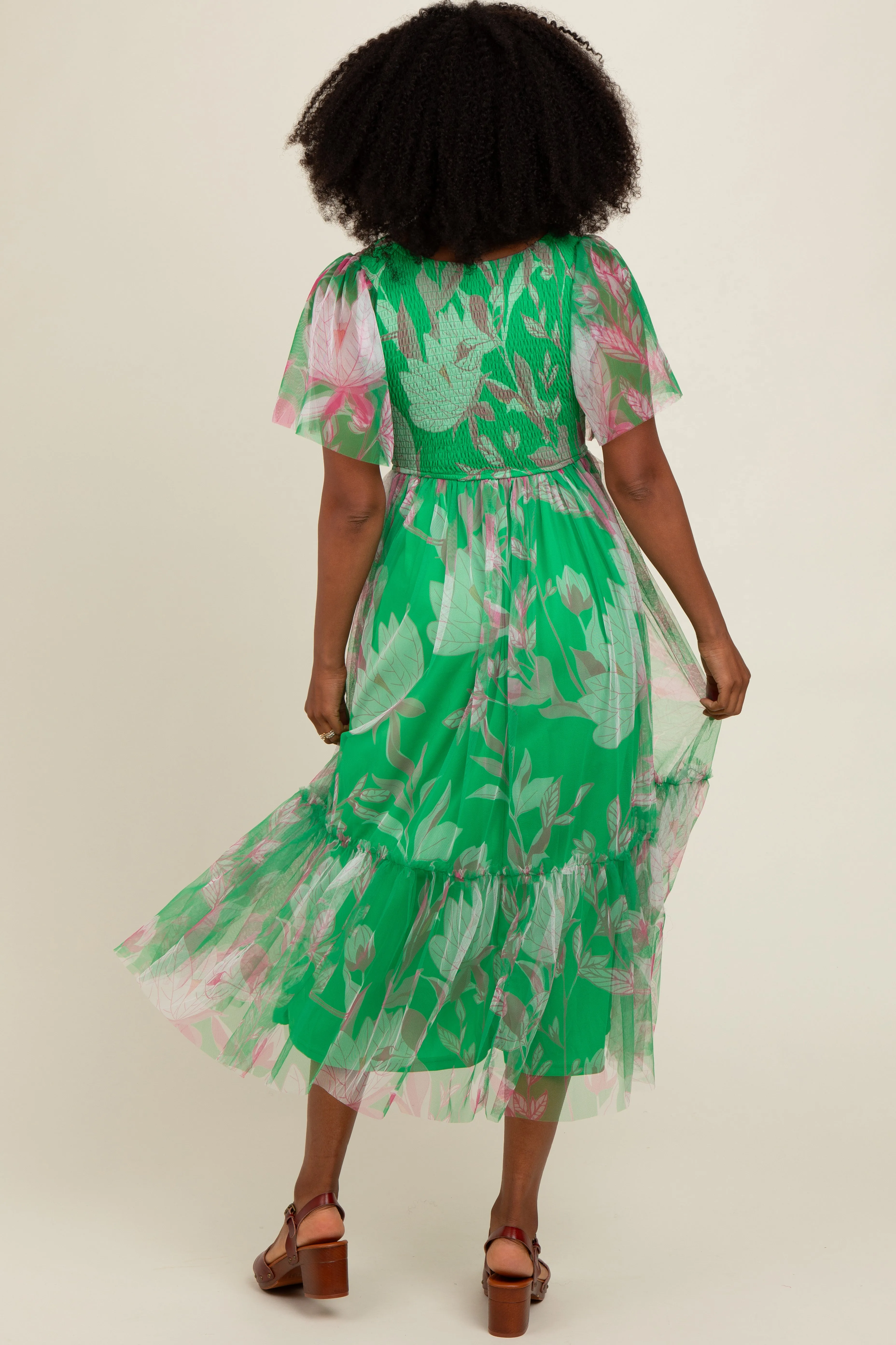 Green Leaf Print Mesh Smocked Midi Dress sold by Pinkblush product image thumbnail 4