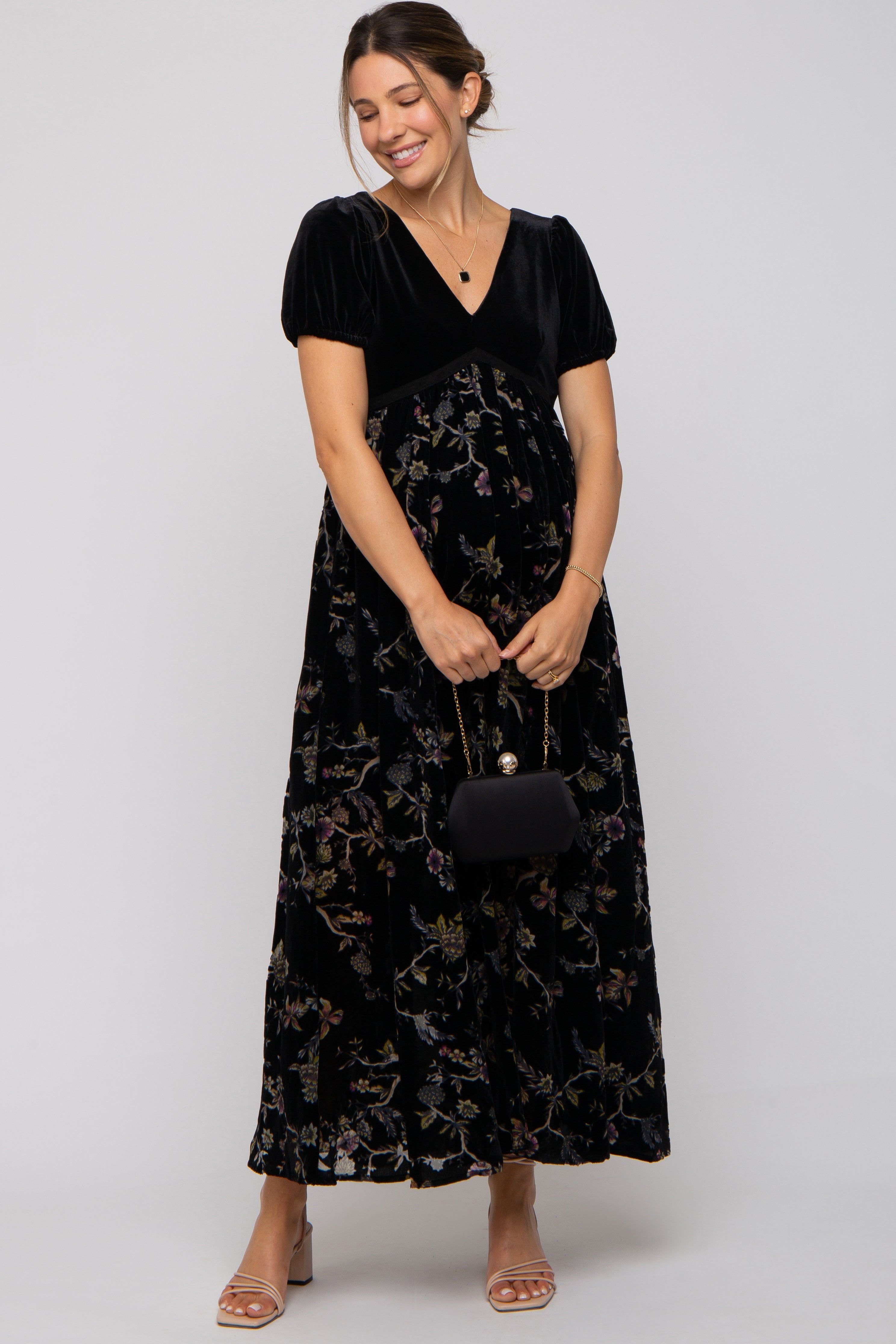 Black Floral Burnout Velvet Maternity Maxi Dress sold by Pinkblush