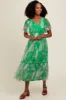 Green Leaf Print Mesh Smocked Midi Dress sold by Pinkblush