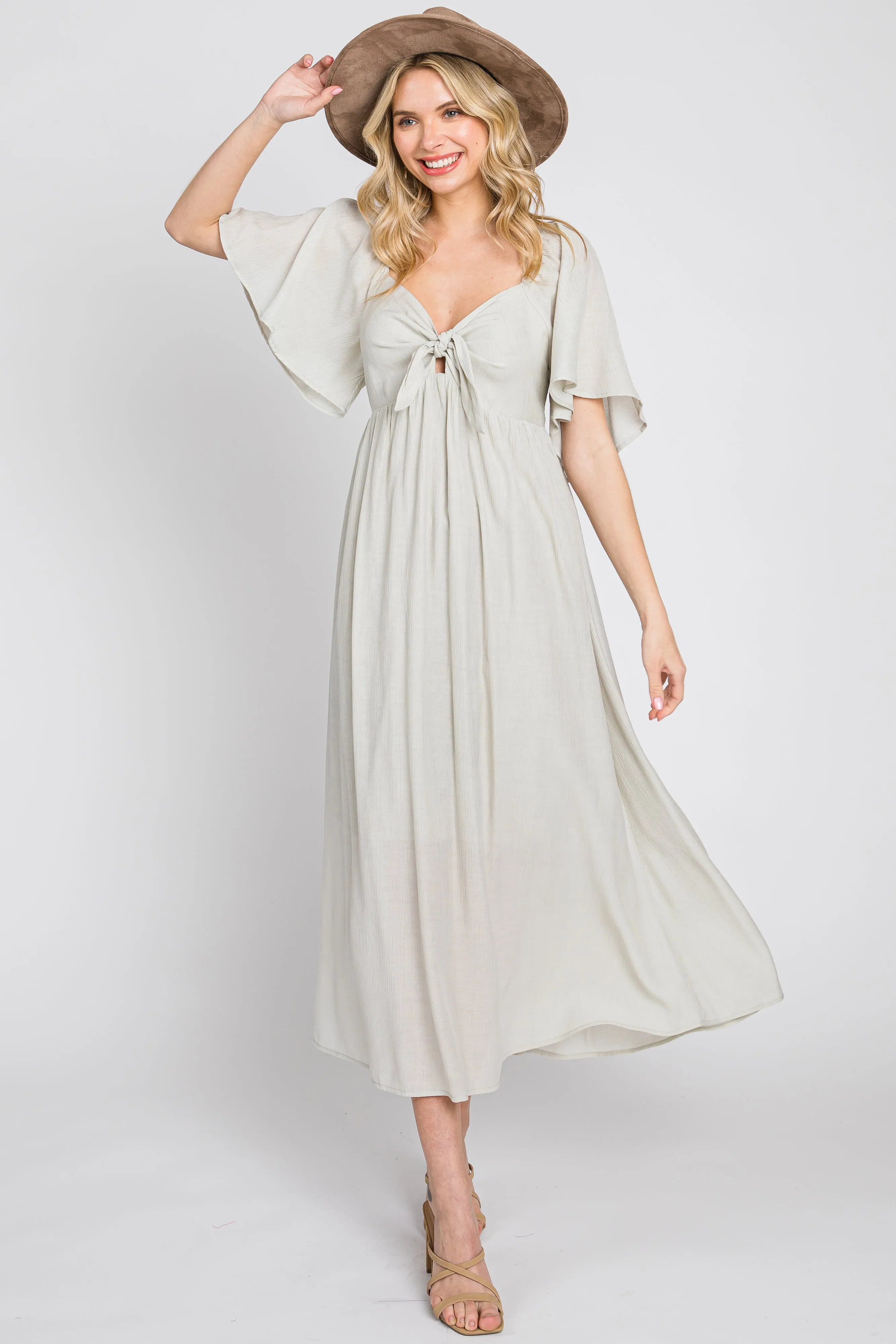 Sage Front Tie Ruffle Sleeve Midi Dress sold by Pinkblush