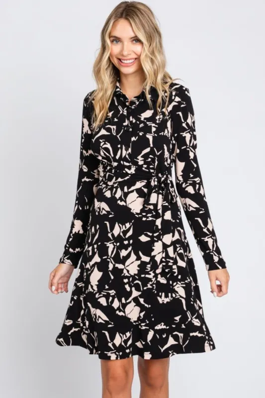 Black Button Front Side Tie Long Sleeve Dress sold by Pinkblush