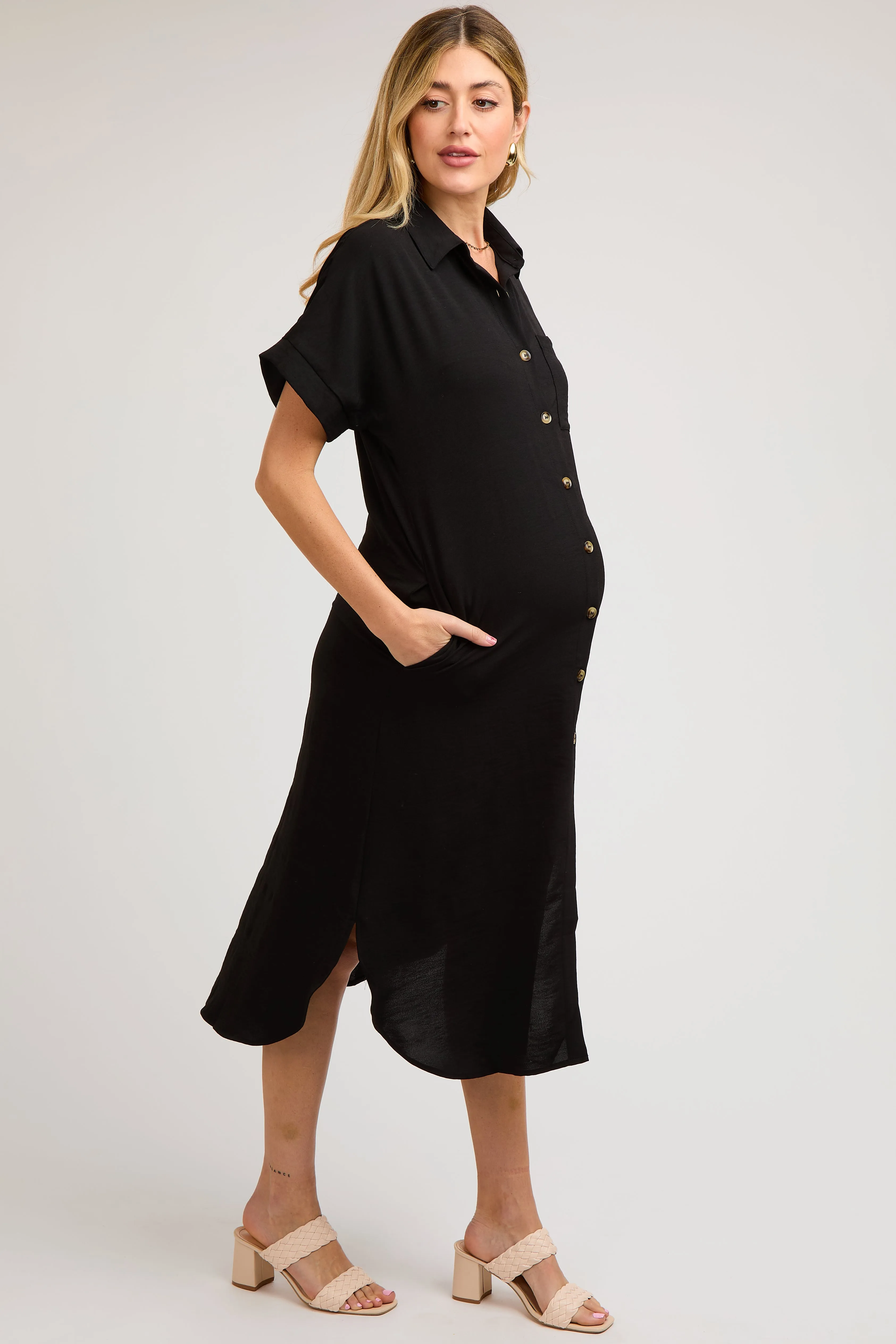 Black Button Down Front Pocket Maternity Midi Dress sold by Pinkblush product image thumbnail 3