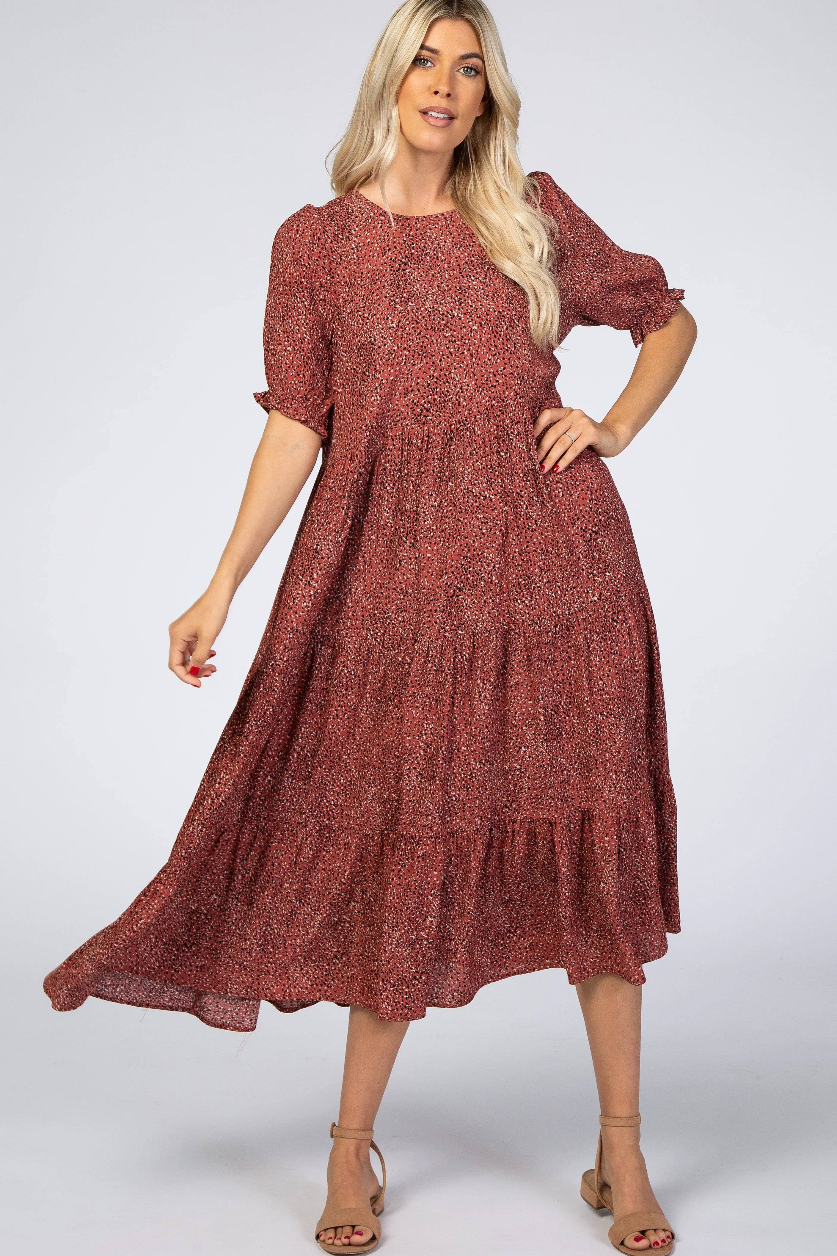 Rust Printed Tiered Midi Dress sold by Pinkblush