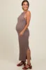 Taupe Sleeveless Knit Side Slit Maternity Midi Dress sold by Pinkblush