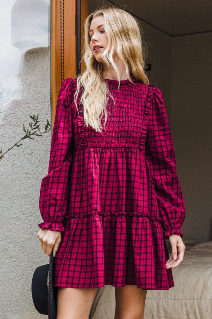 Berry Plaid Babydoll Mini Dress sold by Pinkblush