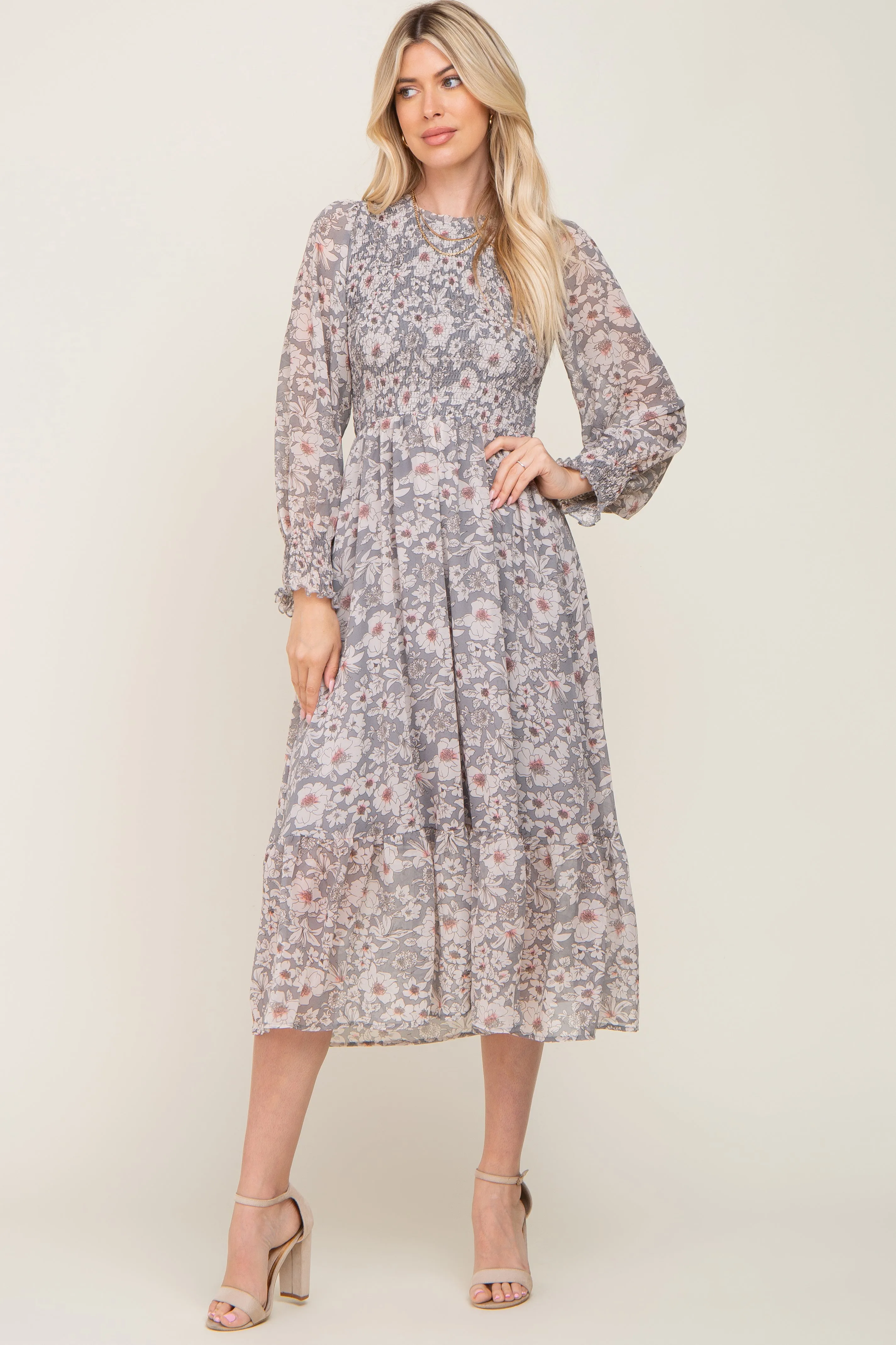 Grey Floral Smocked Long Sleeve Maxi Dress sold by Pinkblush product image thumbnail 4