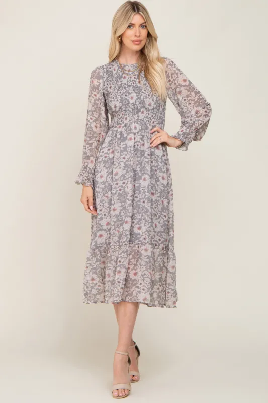 Grey Floral Smocked Long Sleeve Maxi Dress sold by Pinkblush