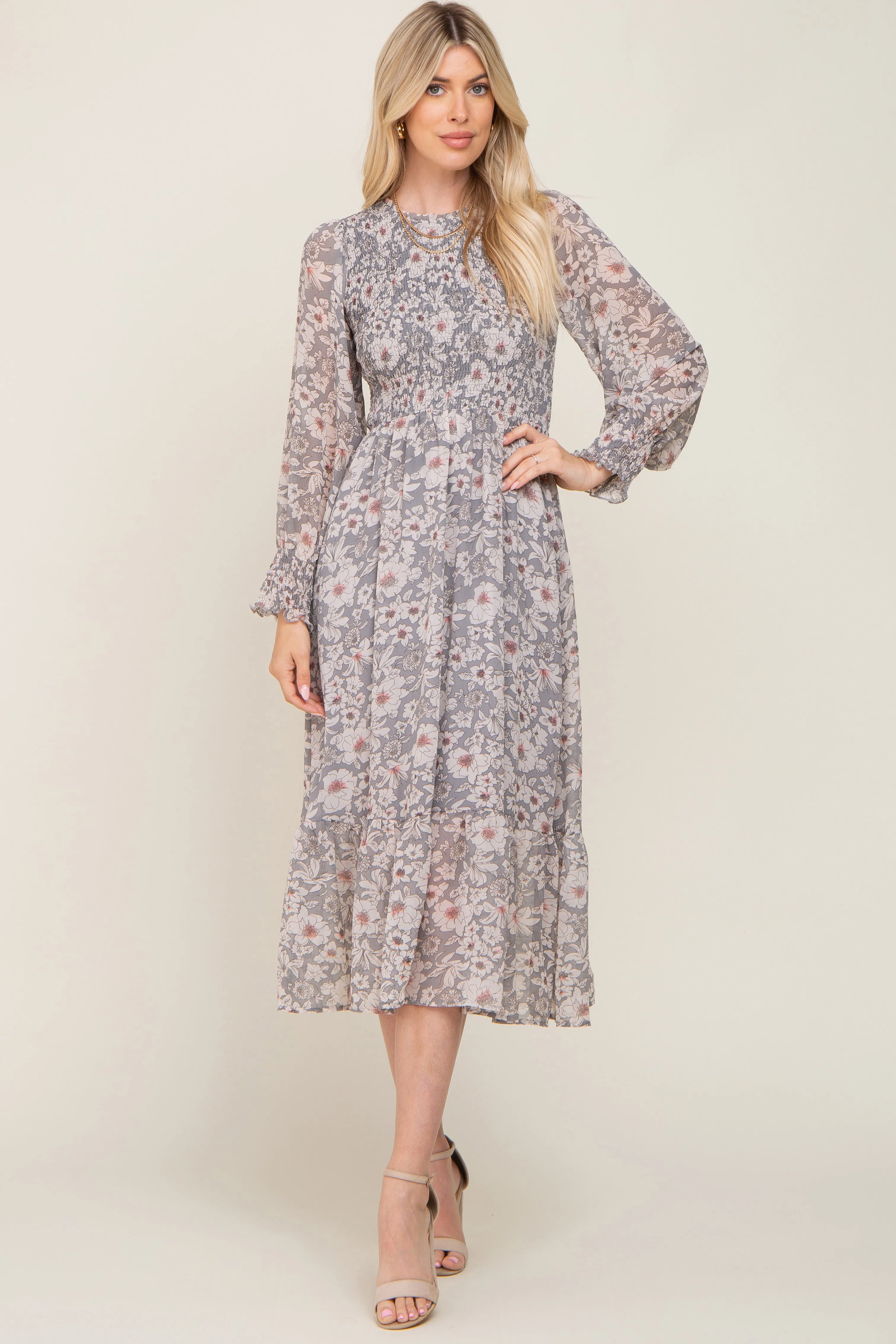 Grey Floral Smocked Long Sleeve Maxi Dress sold by Pinkblush