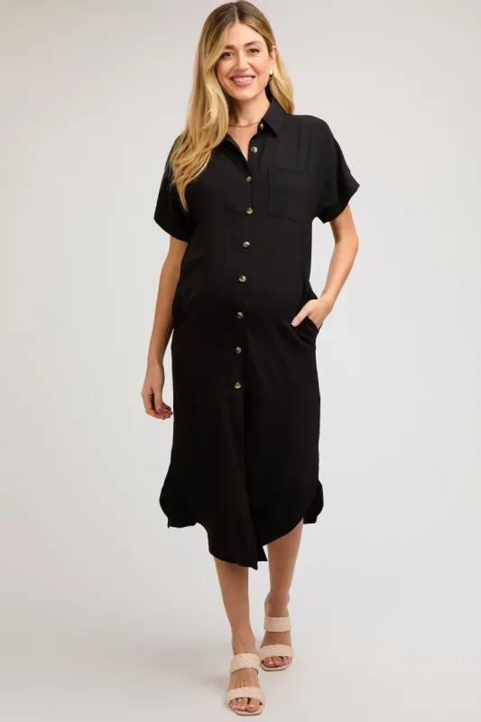 Black Button Down Front Pocket Maternity Midi Dress sold by Pinkblush